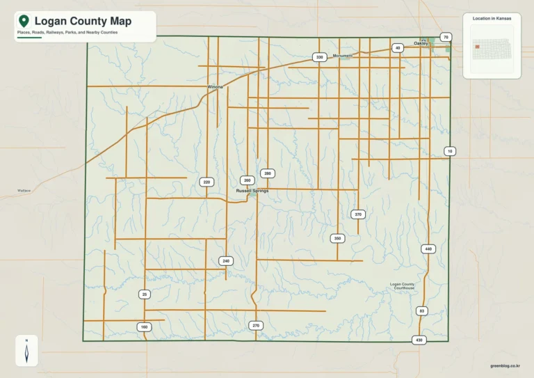 캔자스주 로건 카운티 지도(Logan County) – Oakley·I-70과 Smoky Hill River, 795~1,062m 고도