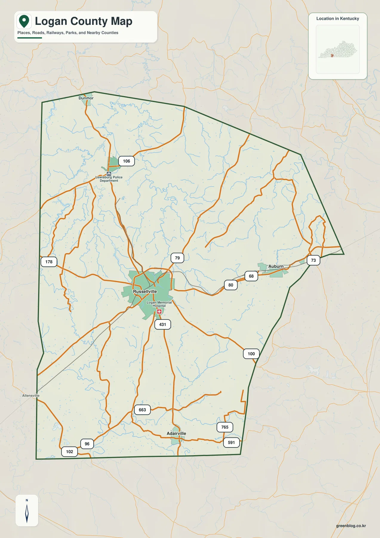 Logan County Kentucky map showing Russellville, Lewisburg, Auburn, Adairville, major roads, and the county boundary