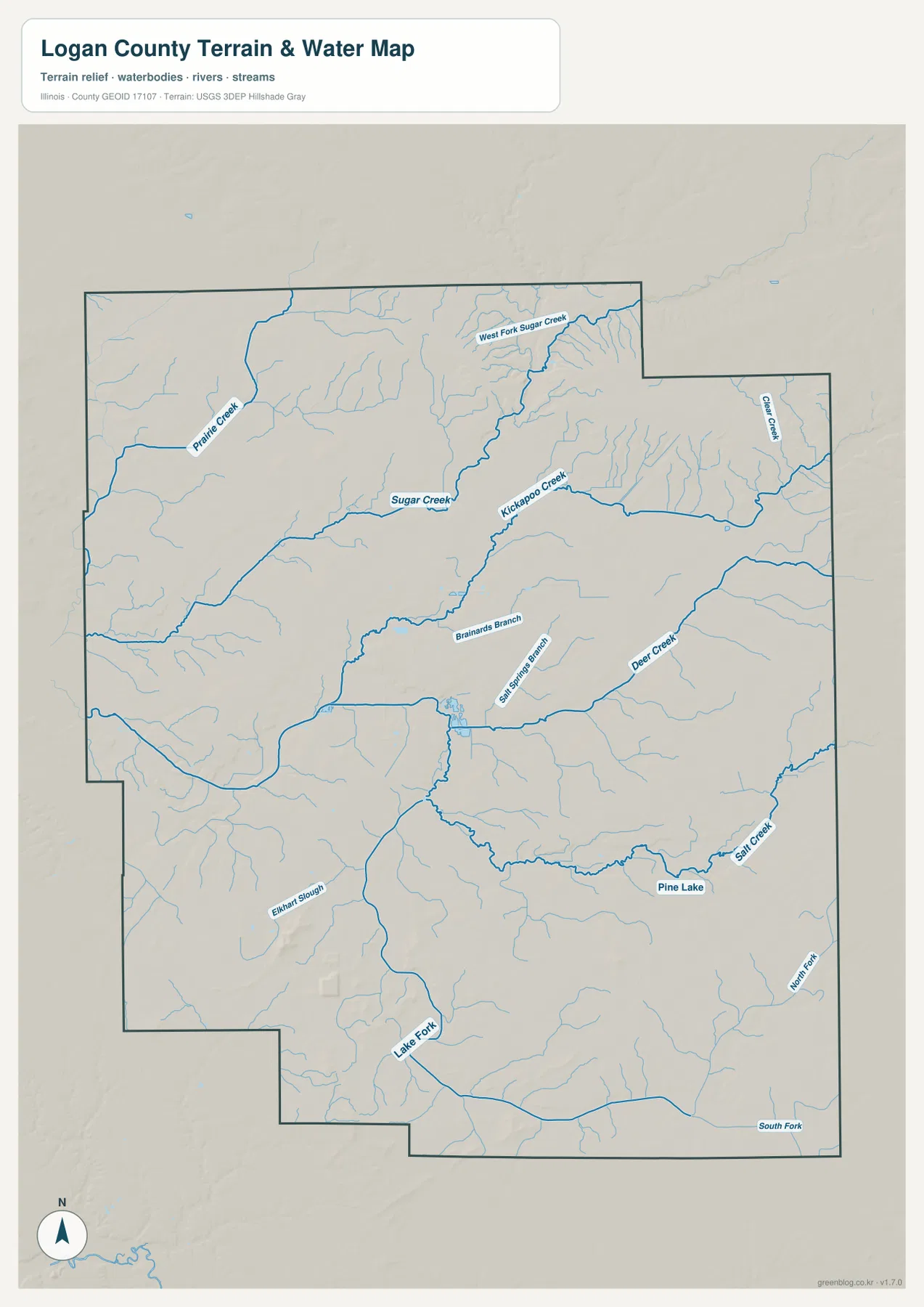 Kickapoo Creek, Sugar Creek, Salt Creek, Lake Fork와 여러 지류를 보여 주는 Logan County 지형·수역 지도