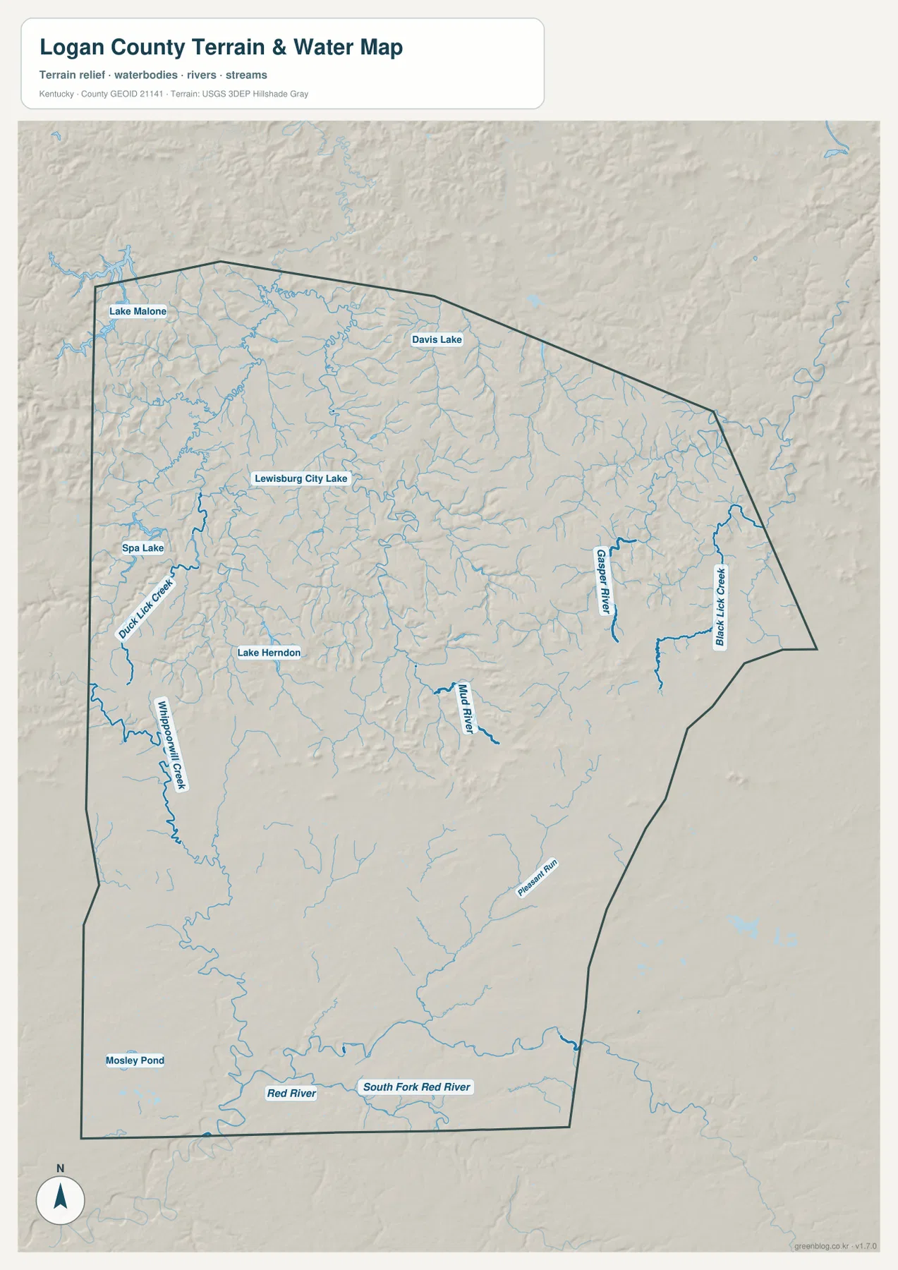 Logan County terrain and water map showing Lake Malone, Lewisburg City Lake, Gasper River, Mud River, Red River, and South Fork Red River