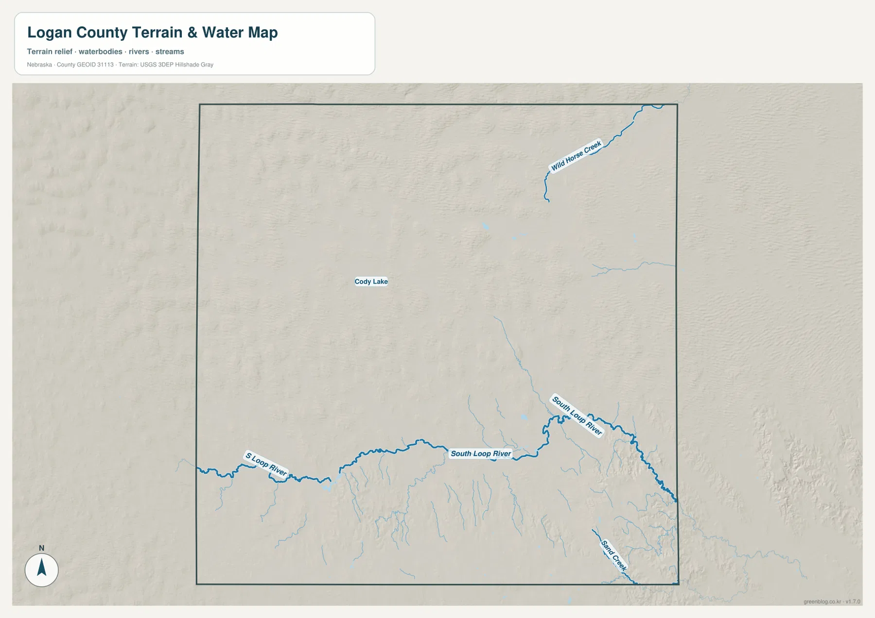 Logan County의 South Loup River, Wild Horse Creek, Cody Lake, Sand Creek와 여러 지류를 표시한 수역 지형 지도