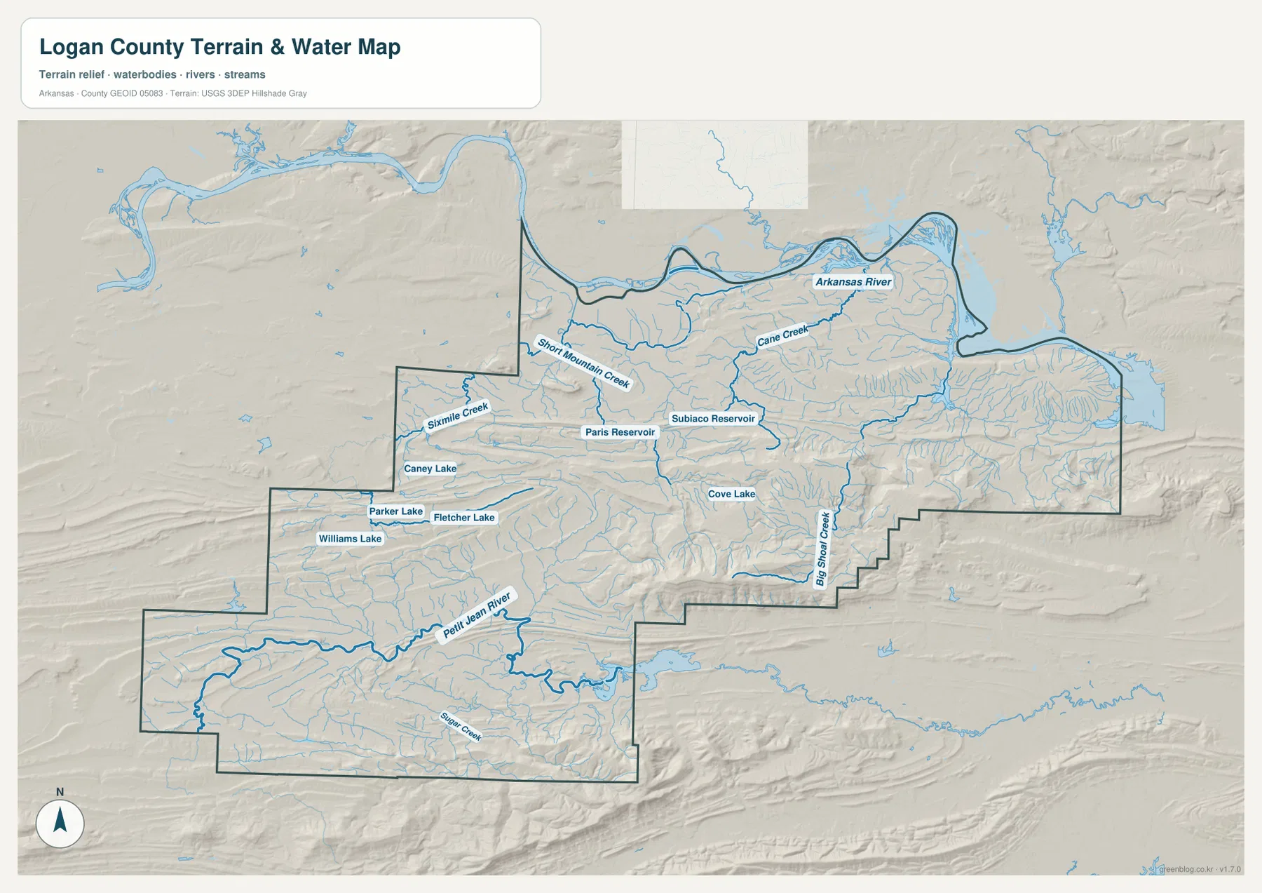 Arkansas River, Petit Jean River, Short Mountain Creek, Big Shoal Creek와 여러 호수·저수지를 표시한 로건 카운티 수역 지형 지도