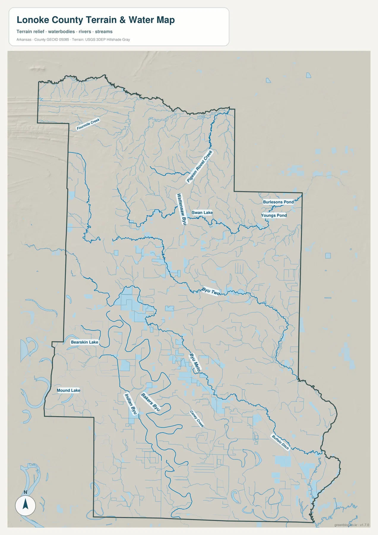 Watensaw Bayou, Bayou Two Prairie, Bayou Meto, Fourmile Creek와 여러 수역을 표시한 로노크 카운티 수역 지형 지도