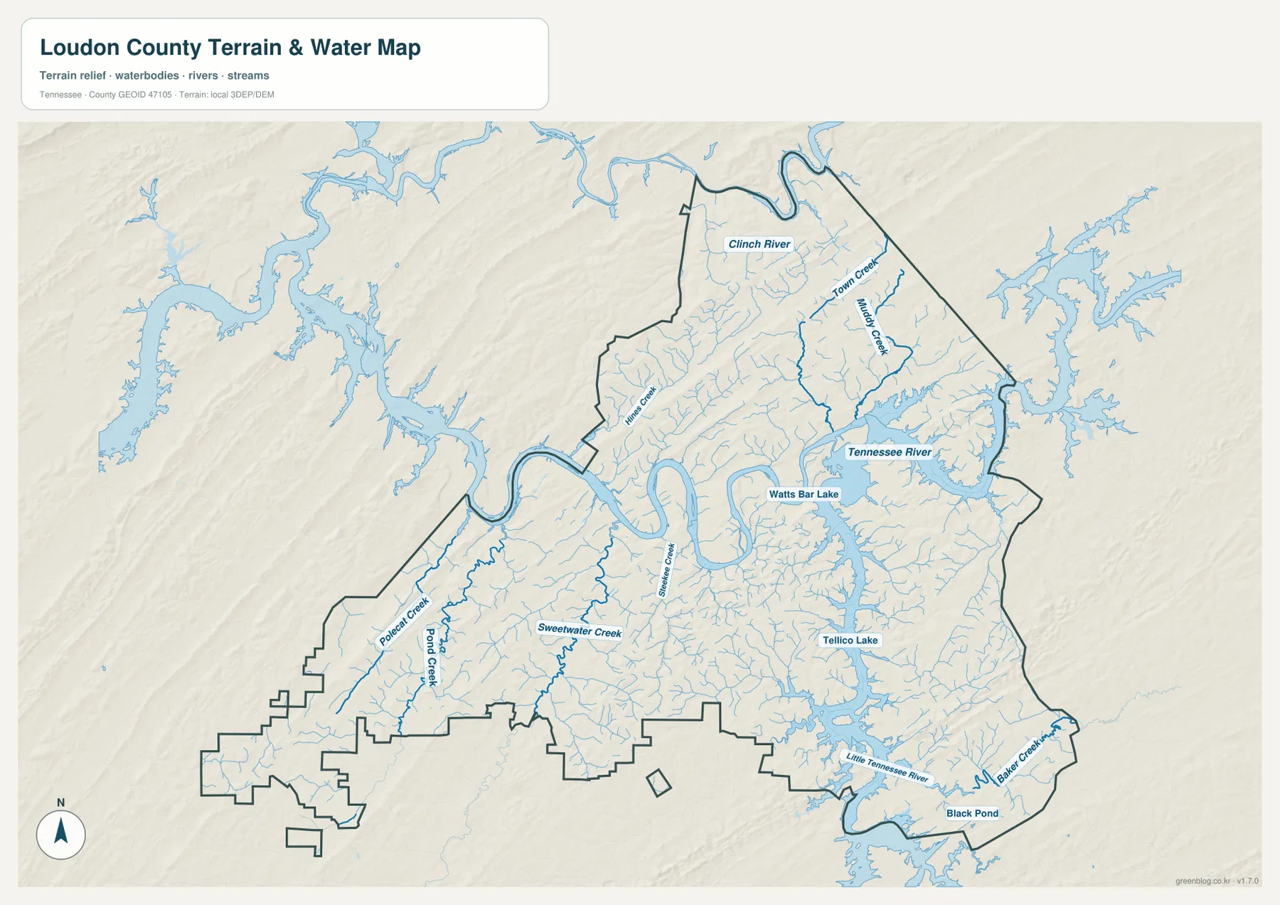 Tennessee River, Watts Bar Lake, Tellico Lake, Little Tennessee River와 주요 지류를 표시한 라우던 카운티 수역 지도