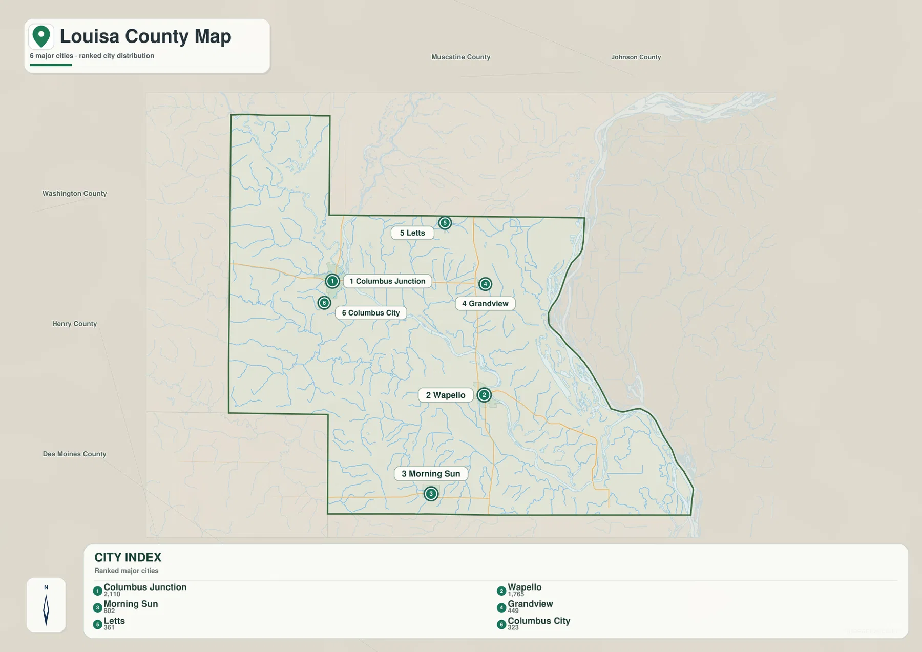 Louisa County Iowa city map Columbus Junction Wapello Morning Sun Grandview Letts Columbus City