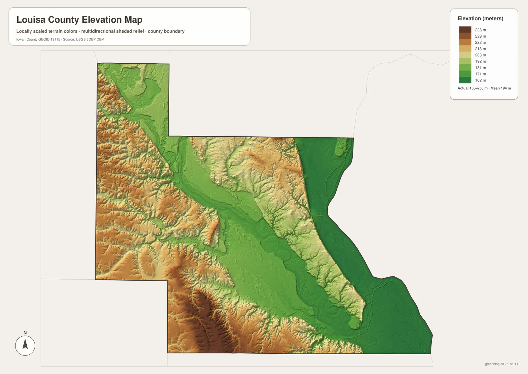 Louisa County Iowa elevation map 160 256 meters Iowa River lowland western southwestern ridges