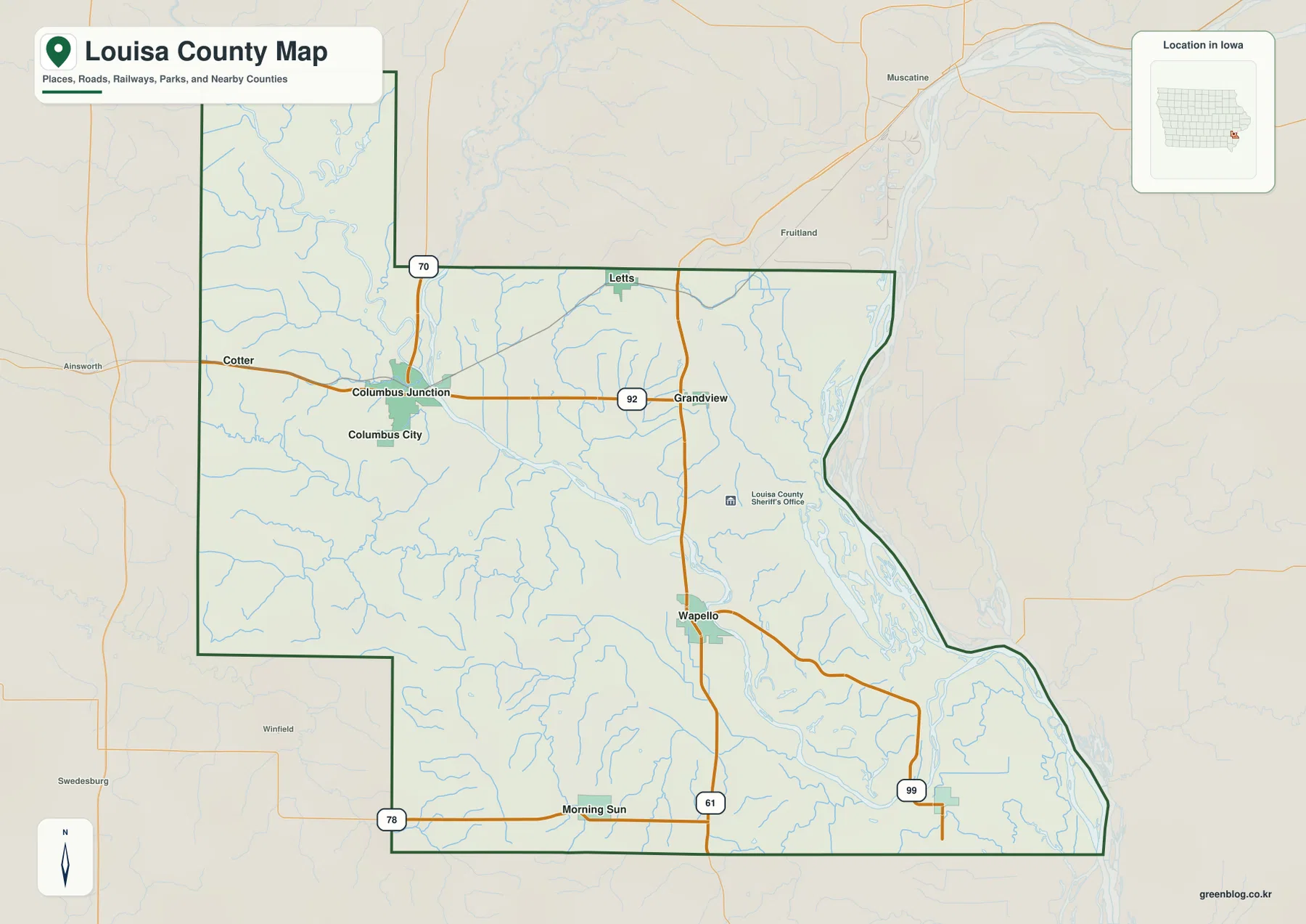 Louisa County Iowa map Wapello Columbus Junction U.S. 61 Iowa 92