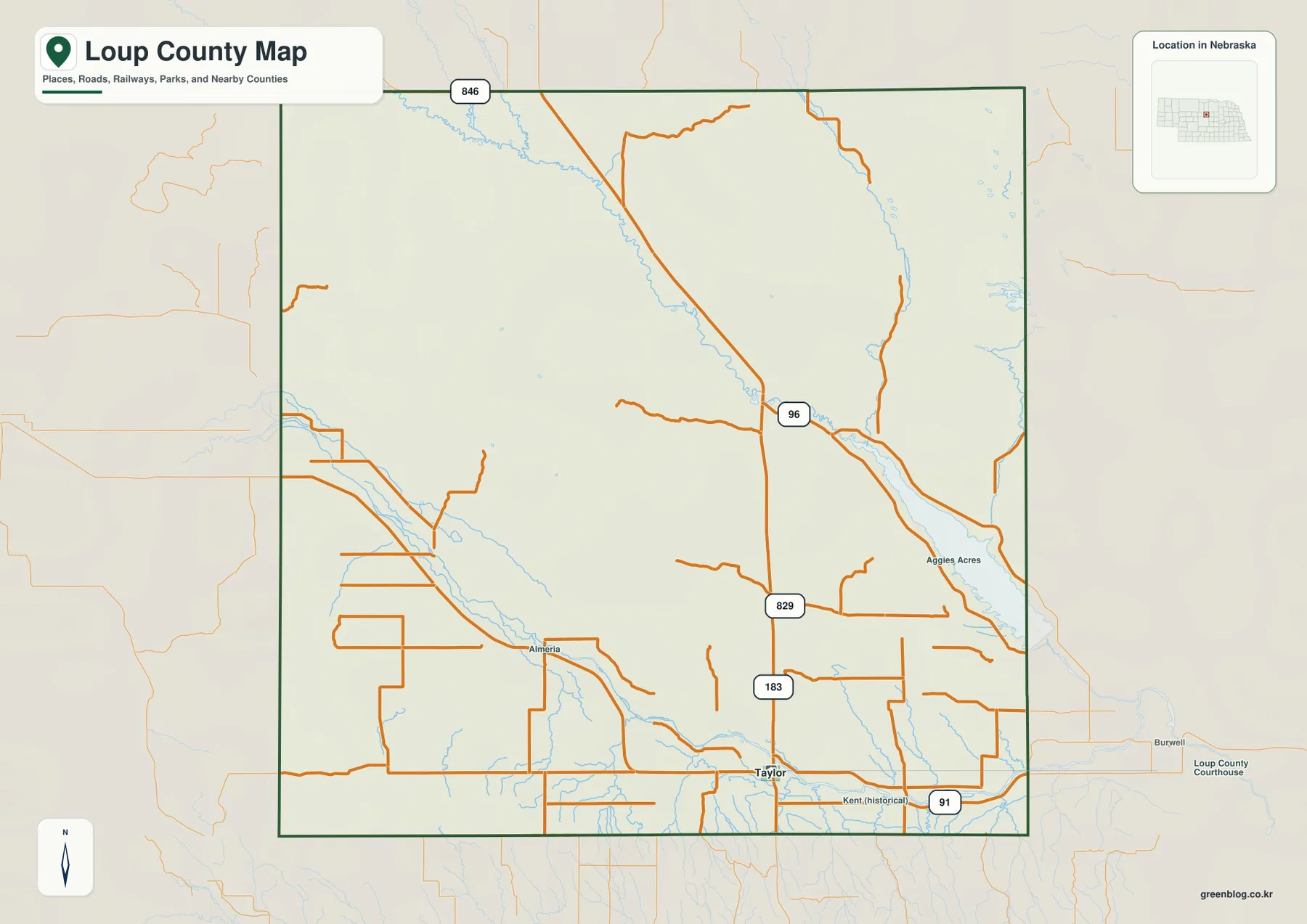 Loup County에서 Taylor, Almeria, U.S. 183, Highway 91, North Loup River와 주변 도로를 표시한 카운티 지도