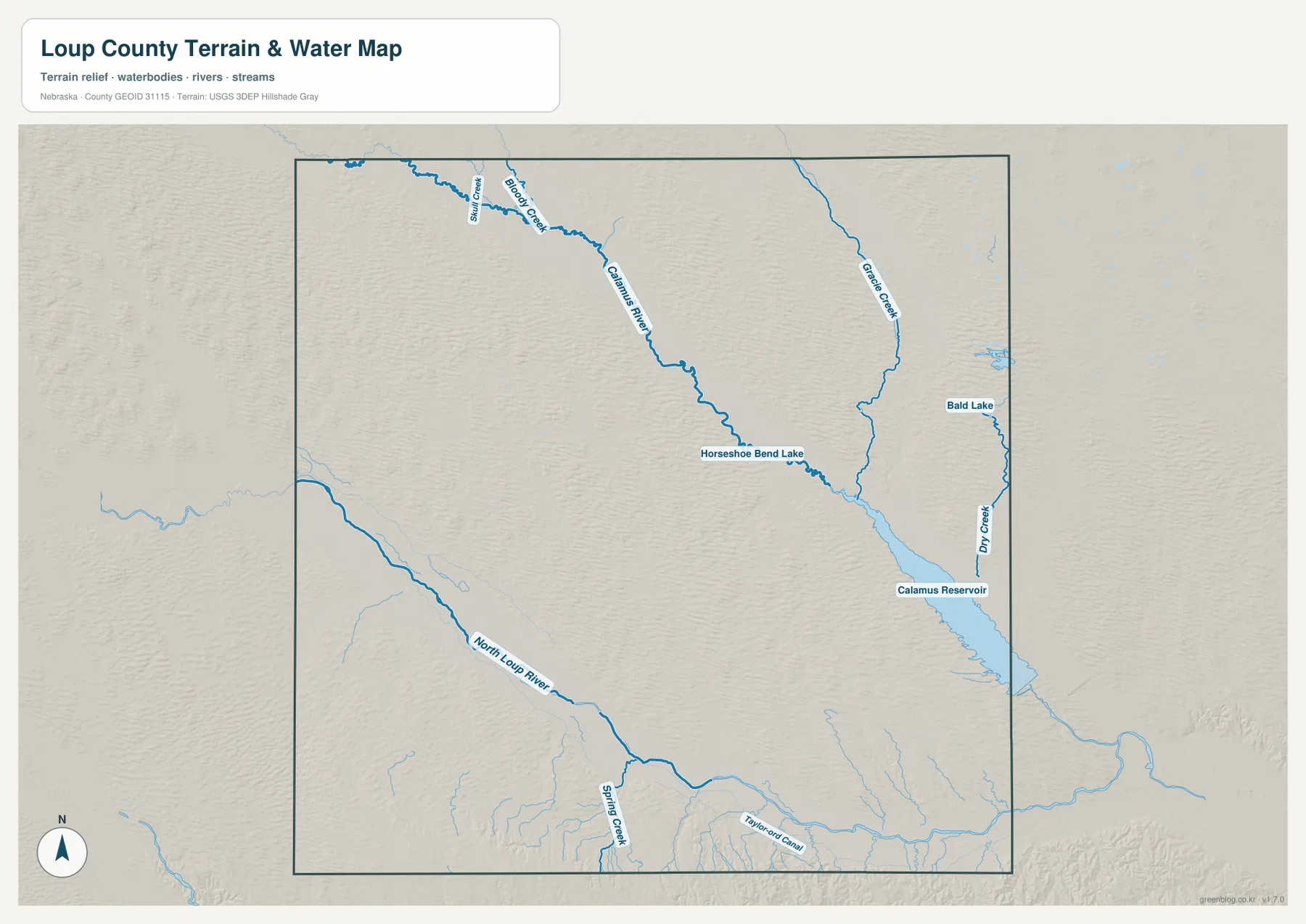 Loup County의 North Loup River, Calamus River, Horseshoe Bend Lake, Calamus Reservoir, Gracie Creek와 지류를 표시한 수역 지형 지도