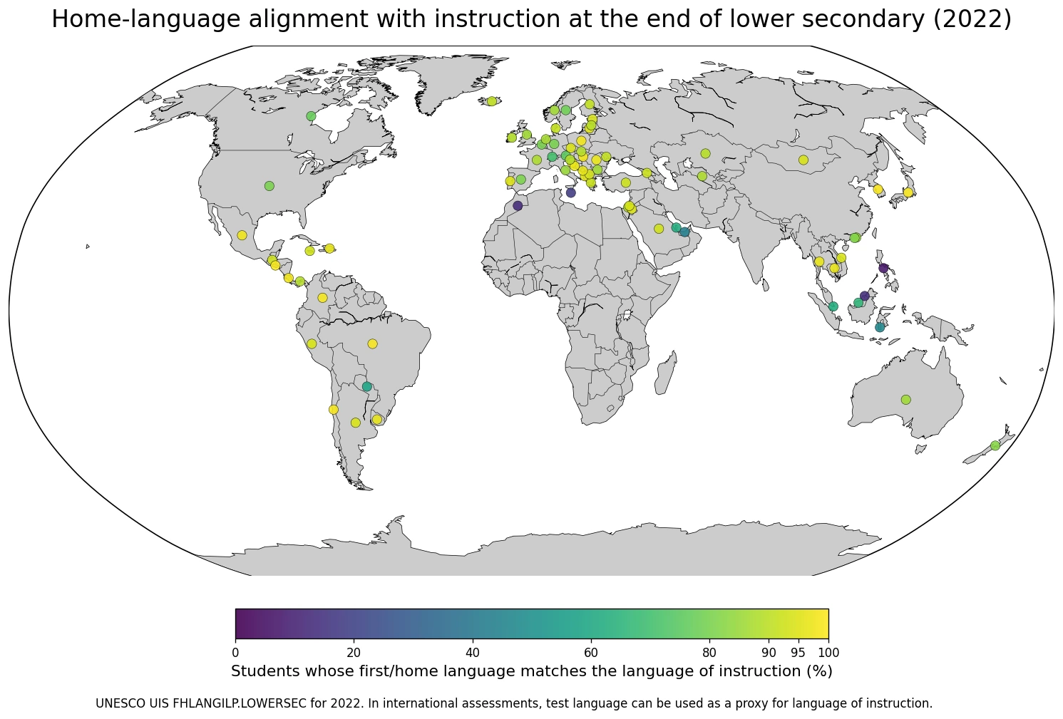 Map of the share of students at the end of lower secondary whose first or home language matches the language of instruction in 2022