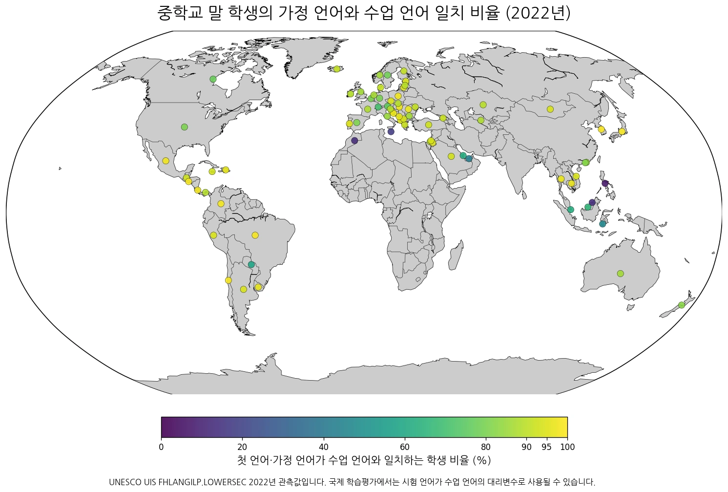 2022년 중학교 말 학생의 첫 언어 또는 가정 언어와 수업 언어 일치 비율 지도