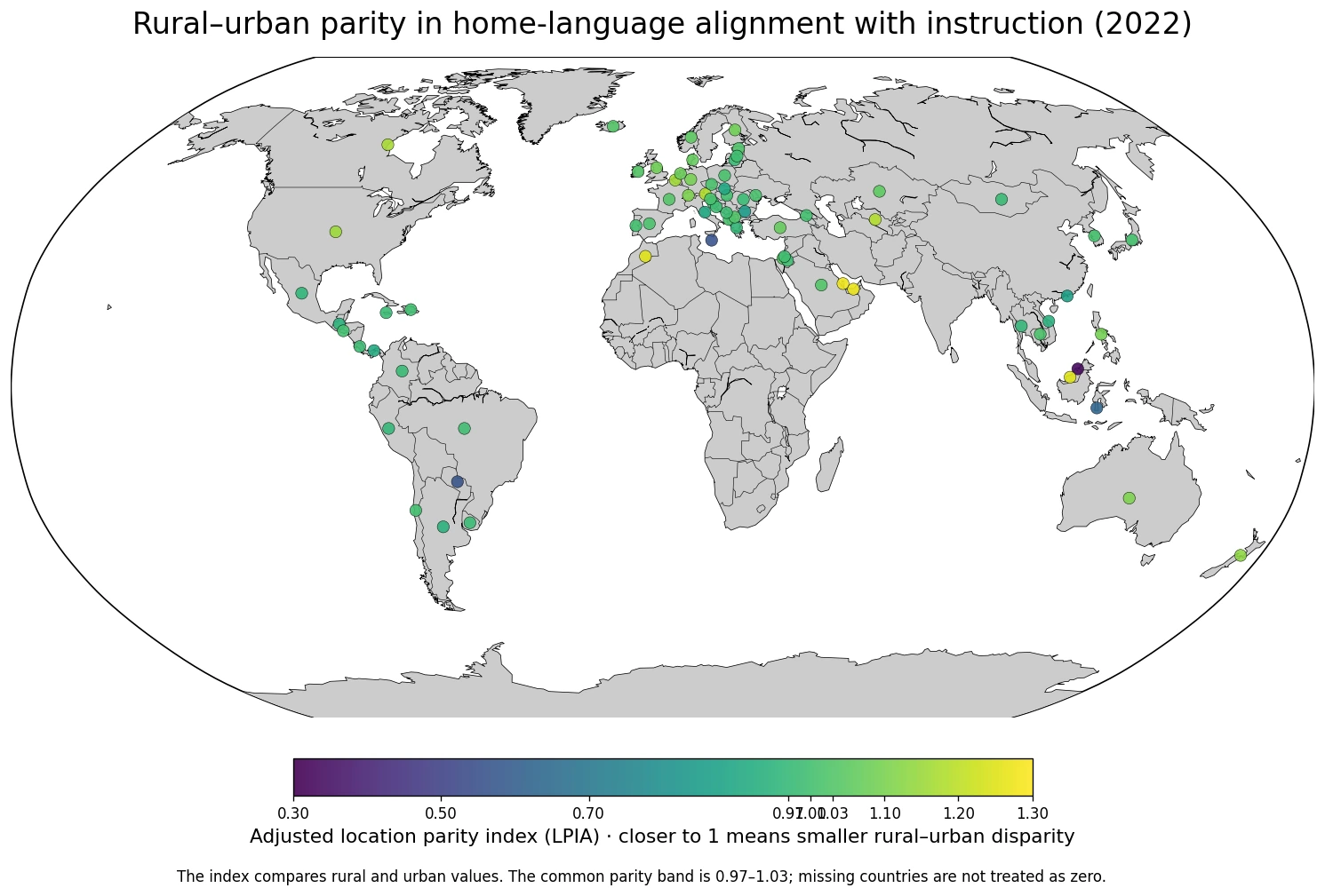 Map of the 2022 adjusted rural-urban location parity index for home-language alignment with instruction at the end of lower secondary education