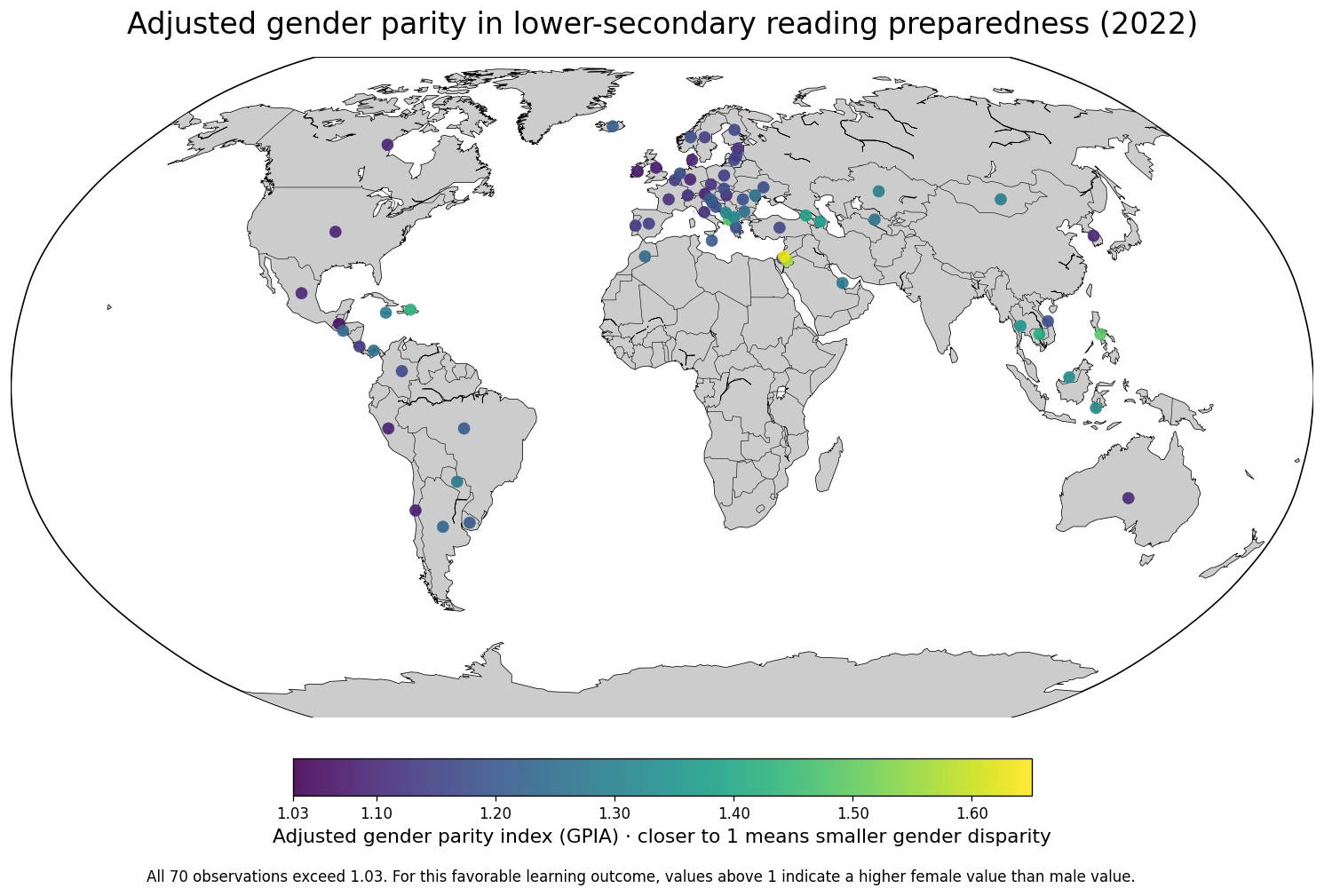 Map of the 2022 adjusted gender parity index for lower-secondary reading preparedness