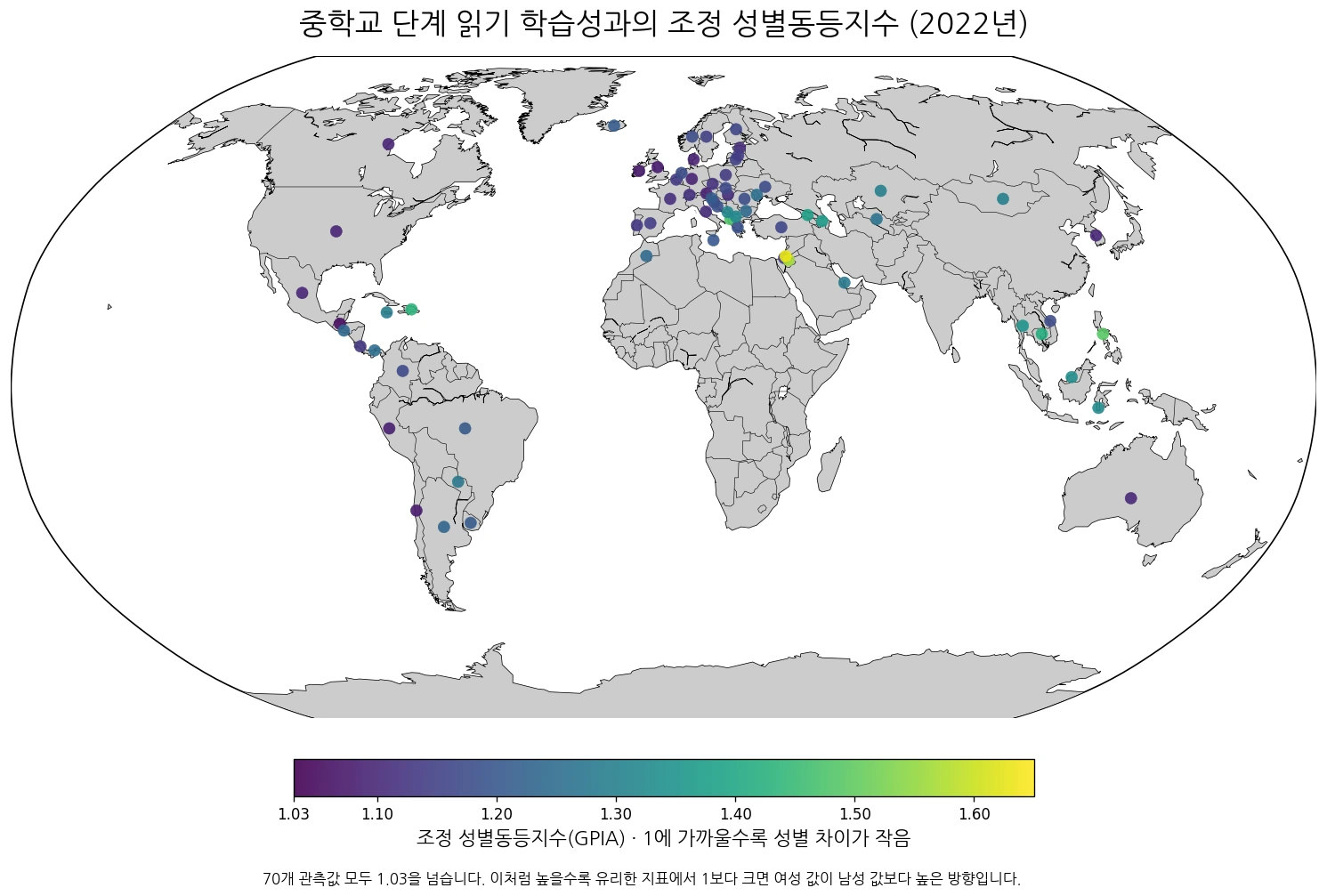 2022년 중학교 단계 읽기 학습성과의 조정 성별동등지수를 국가별로 표시한 지도