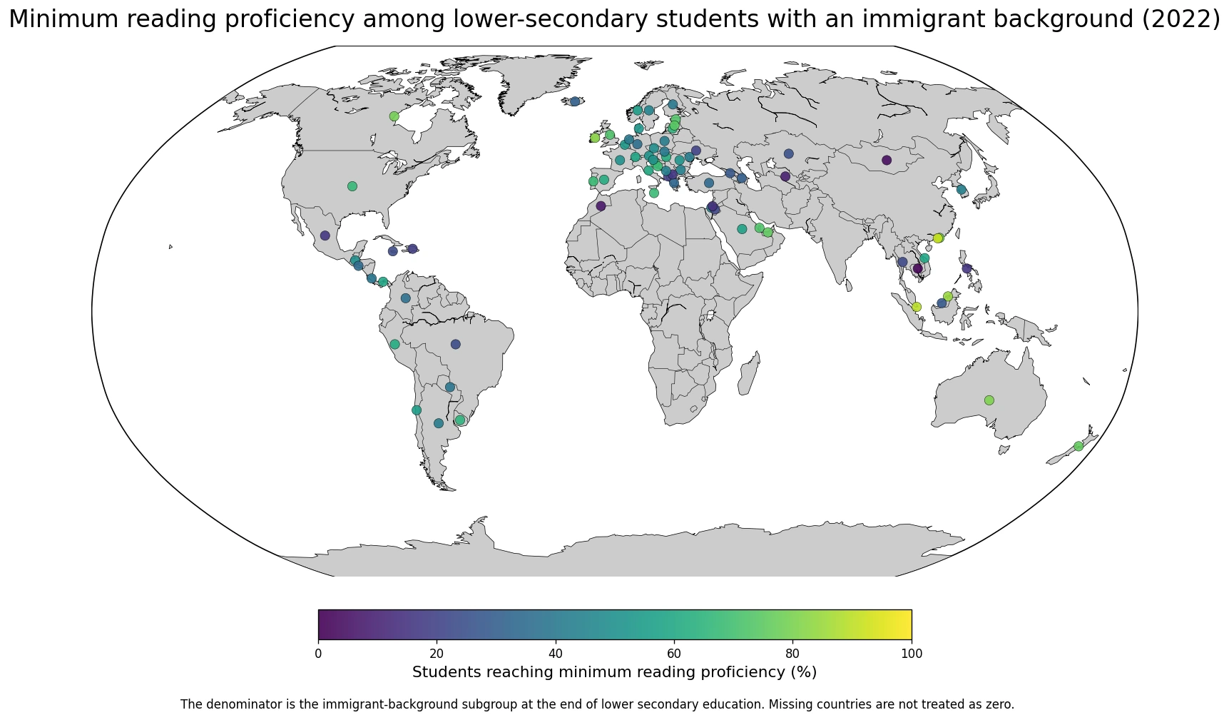 Map of 2022 minimum reading proficiency among lower-secondary students with an immigrant background