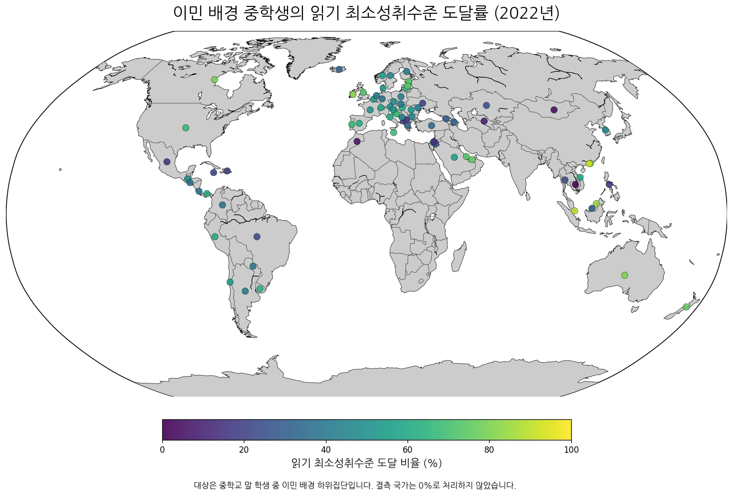 2022년 이민 배경 중학교 말 학생의 읽기 최소성취수준 도달률 지도