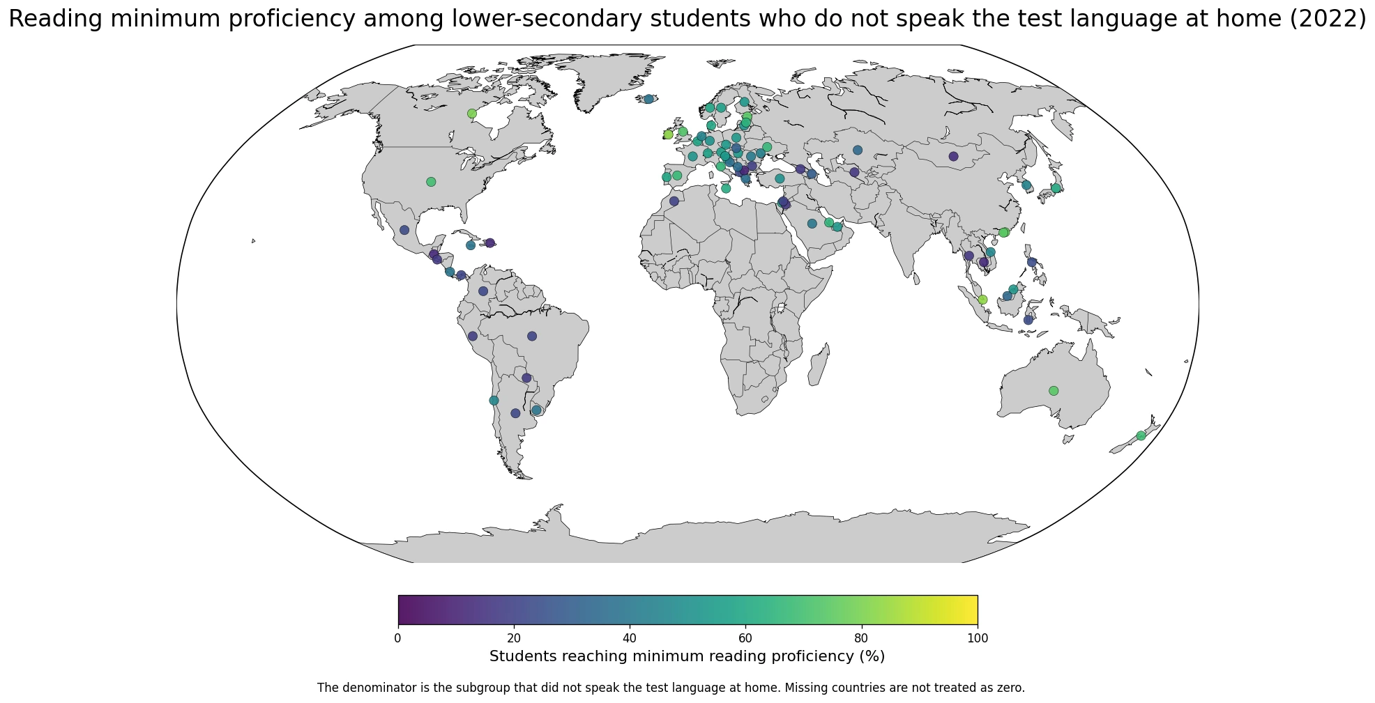 Map of 2022 minimum reading proficiency among lower-secondary students who did not speak the test language at home