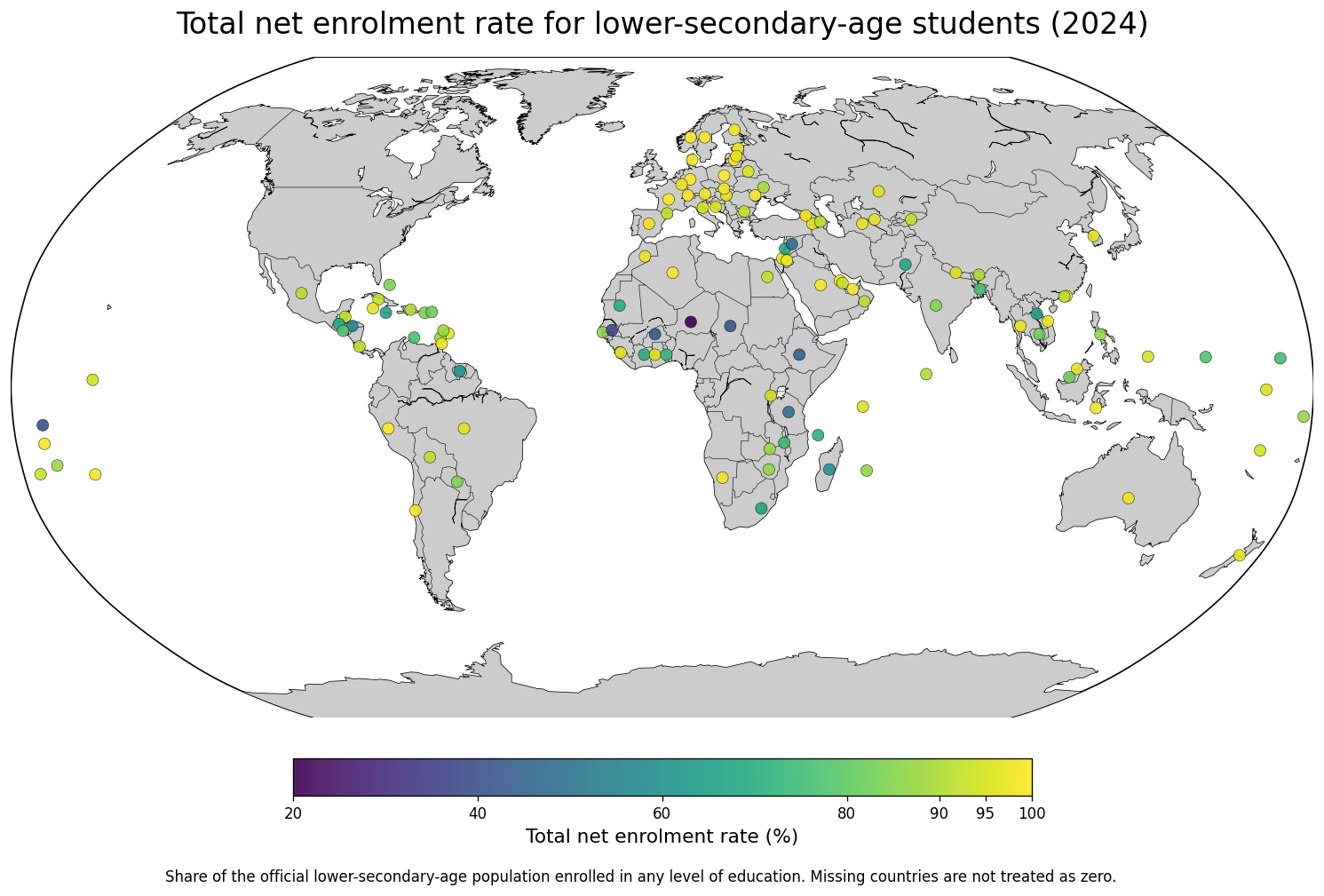 Map of the total net enrolment rate for the official lower-secondary-age population in 2024