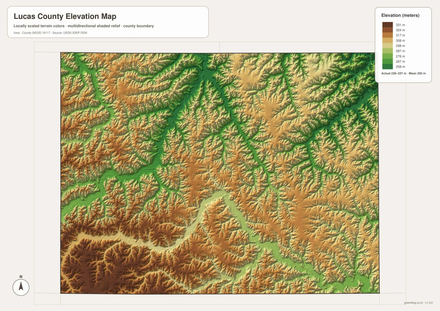 Lucas County Iowa elevation map 236 337 meters Chariton River southwestern uplands