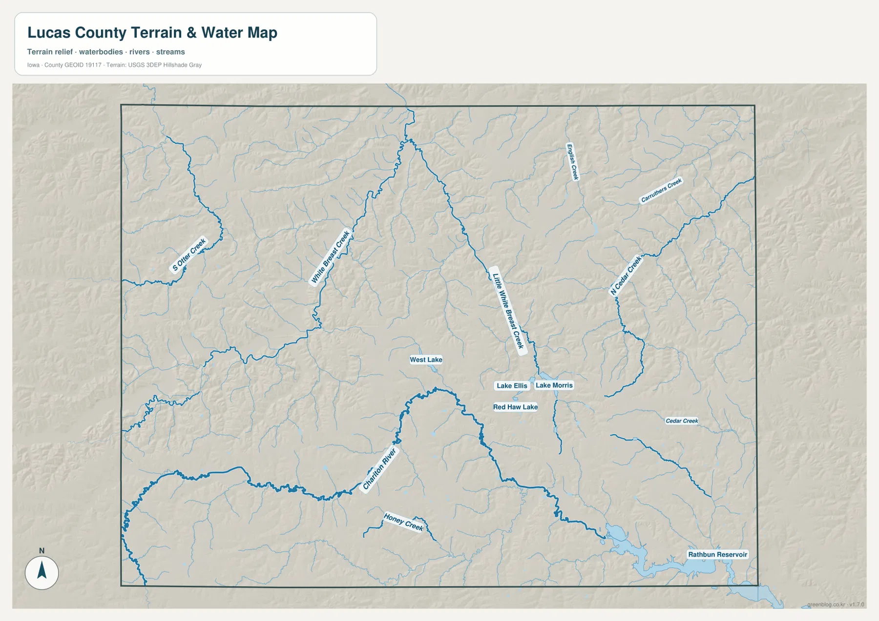 Lucas County Iowa water map Chariton River White Breast Creek Red Haw Lake Rathbun Reservoir