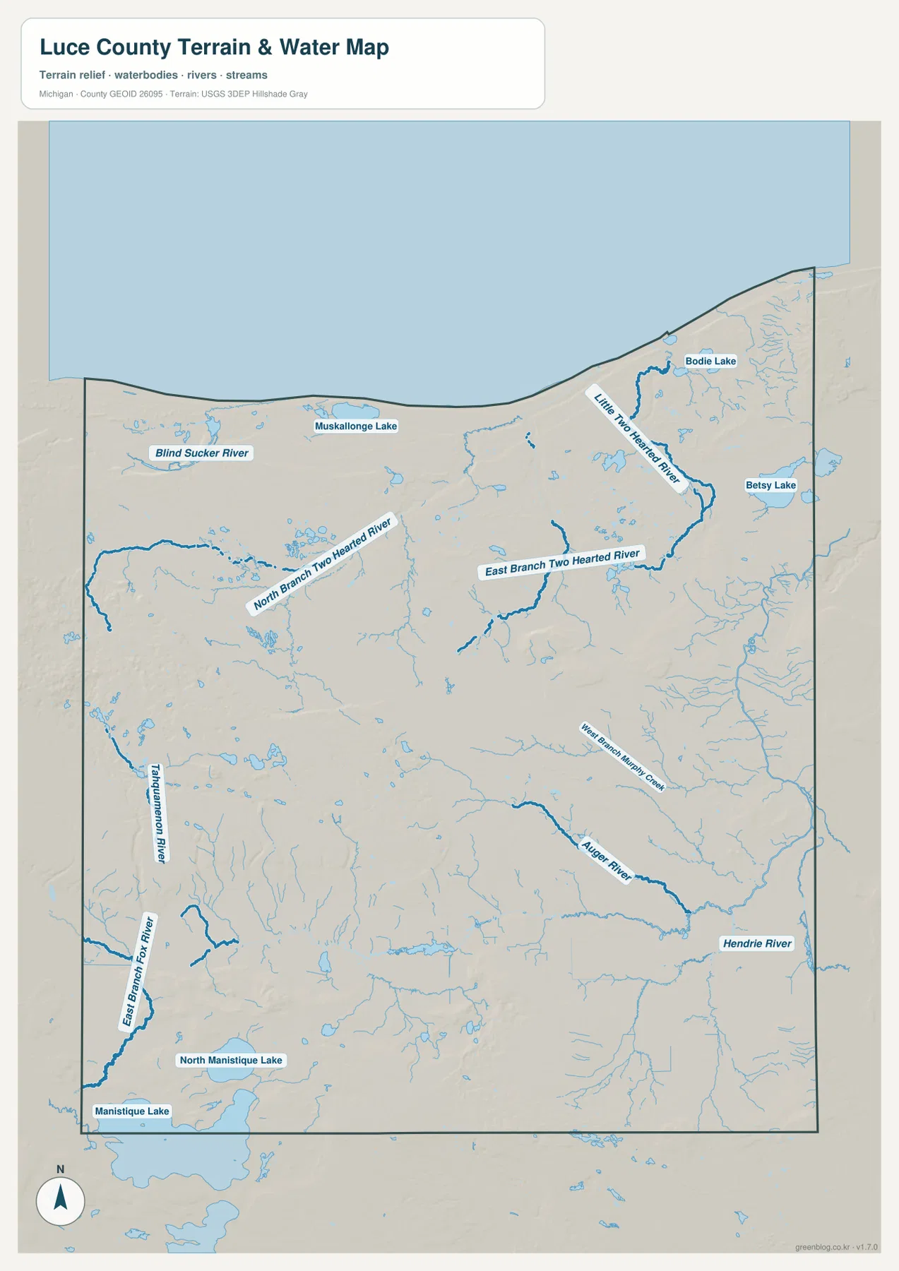 루스 카운티 수역 지도 – Lake Superior, Muskallonge Lake, Two Hearted River, Blind Sucker River와 Tahquamenon River