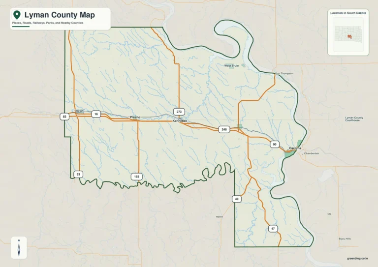 사우스다코타주 라이먼 카운티(Lyman County) 지도 – Oacoma·Presho를 잇는 길과 White River 굽이