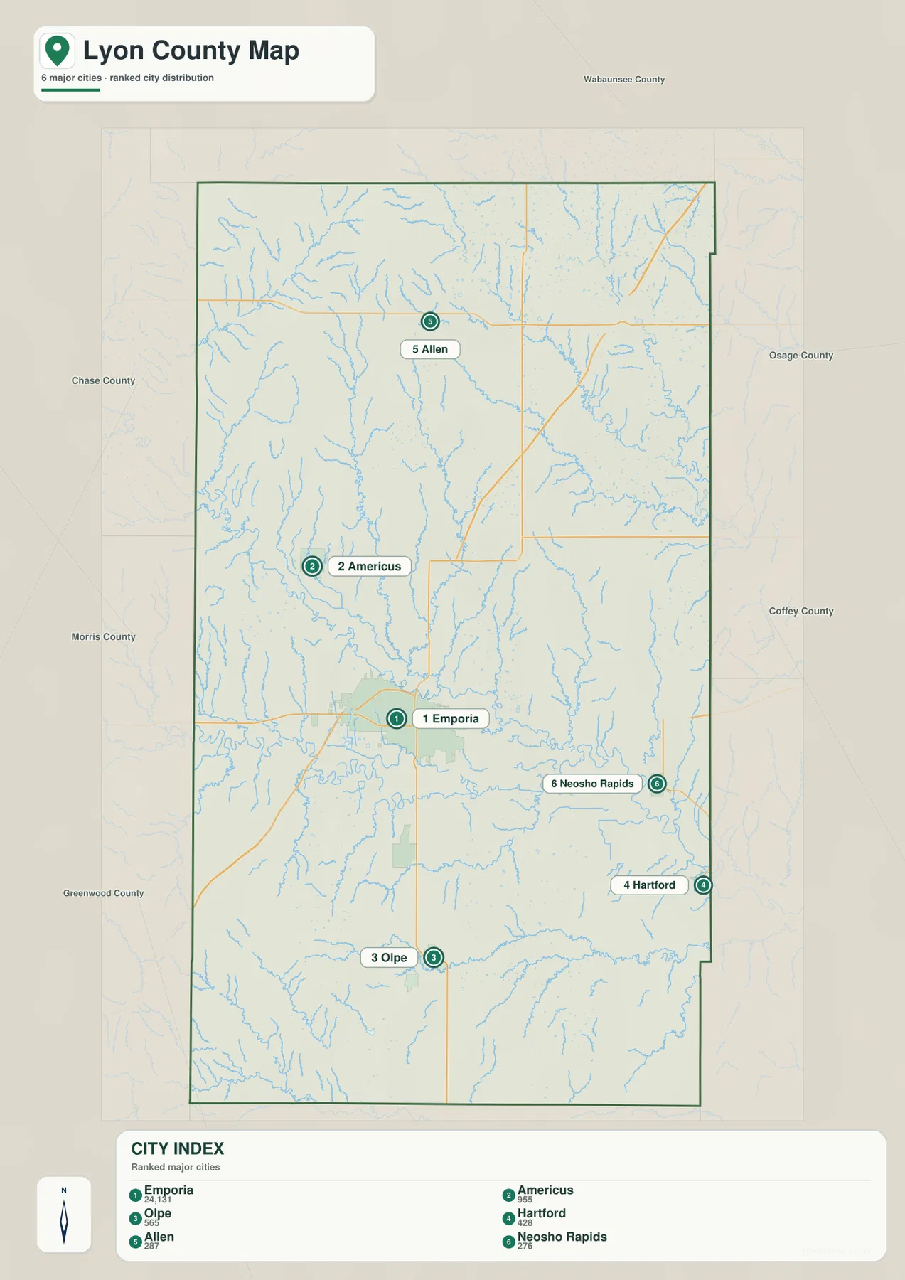 Lyon County Kansas Emporia, Americus, Olpe, Hartford, Allen, Neosho Rapids 도시 위치 지도