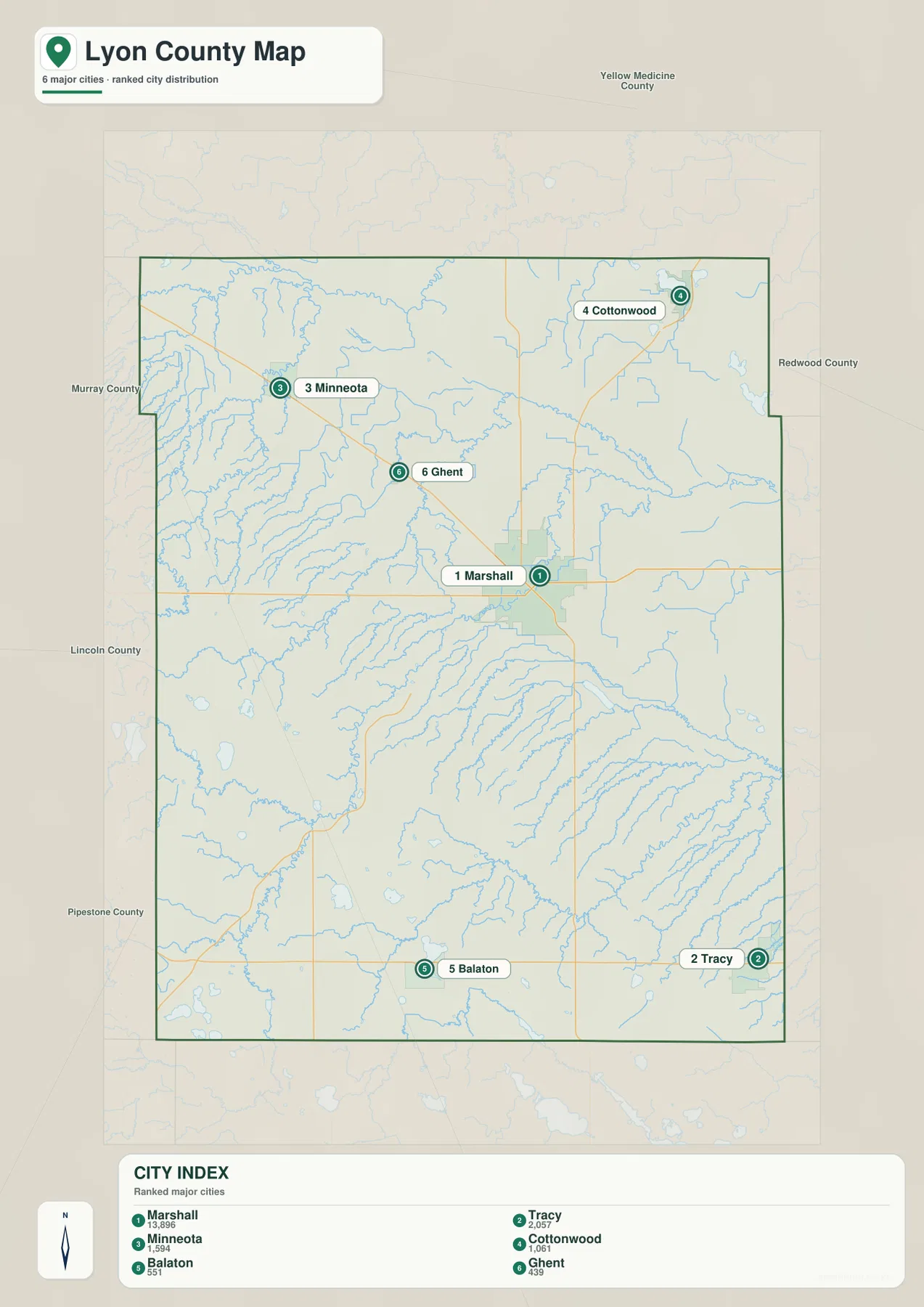 Lyon County Minnesota city map highlighting Marshall, Tracy, Minneota, Cottonwood, Balaton, and Ghent