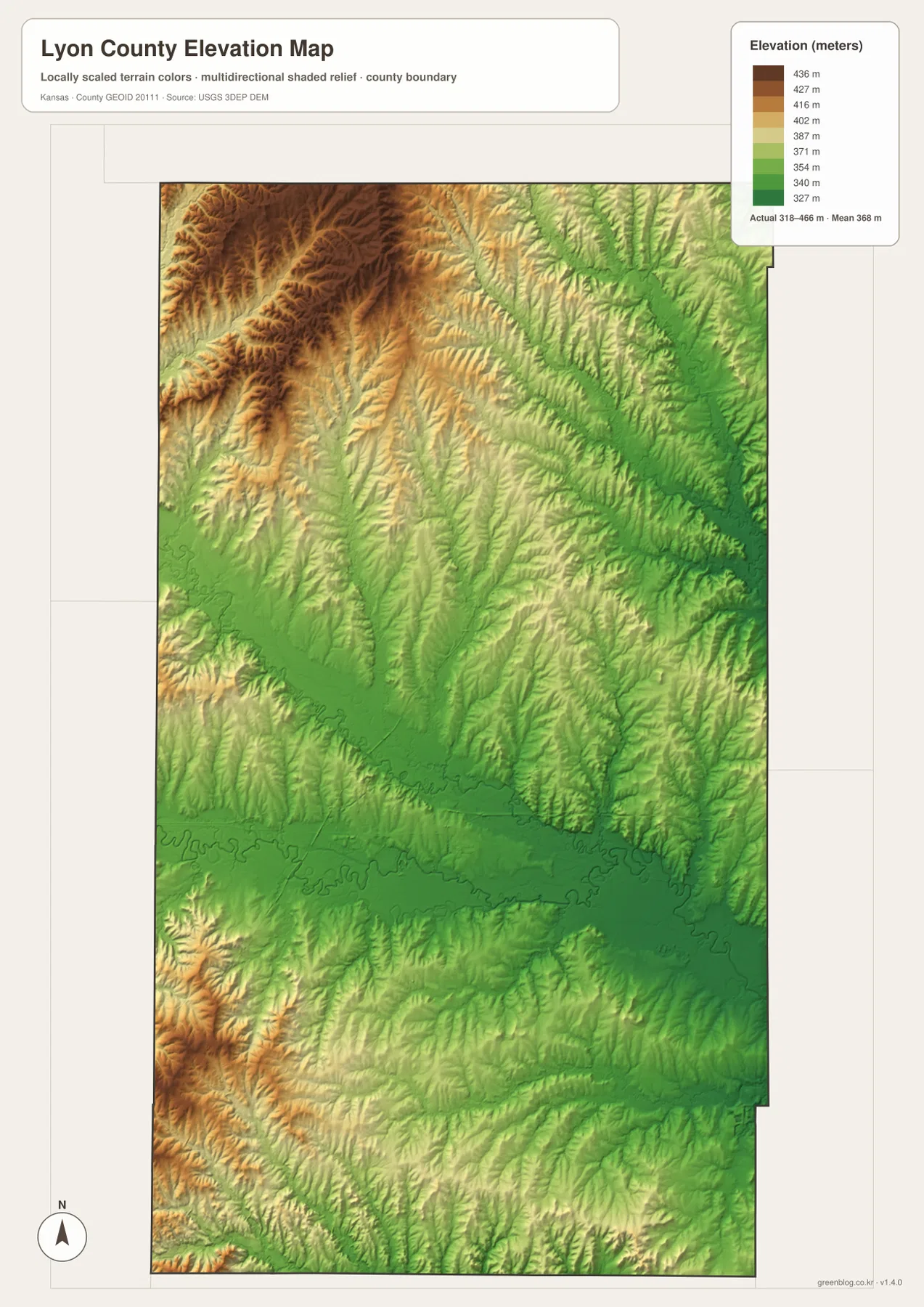 Lyon County Kansas 318~466m 고도와 Flint Hills 구릉, Cottonwood Neosho River 저지 지도
