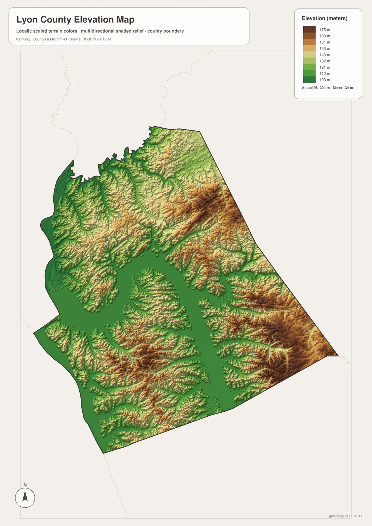 Lyon County elevation map showing the 98 to 204 meter range, low Lake Barkley corridors, and higher eastern and southeastern ridges