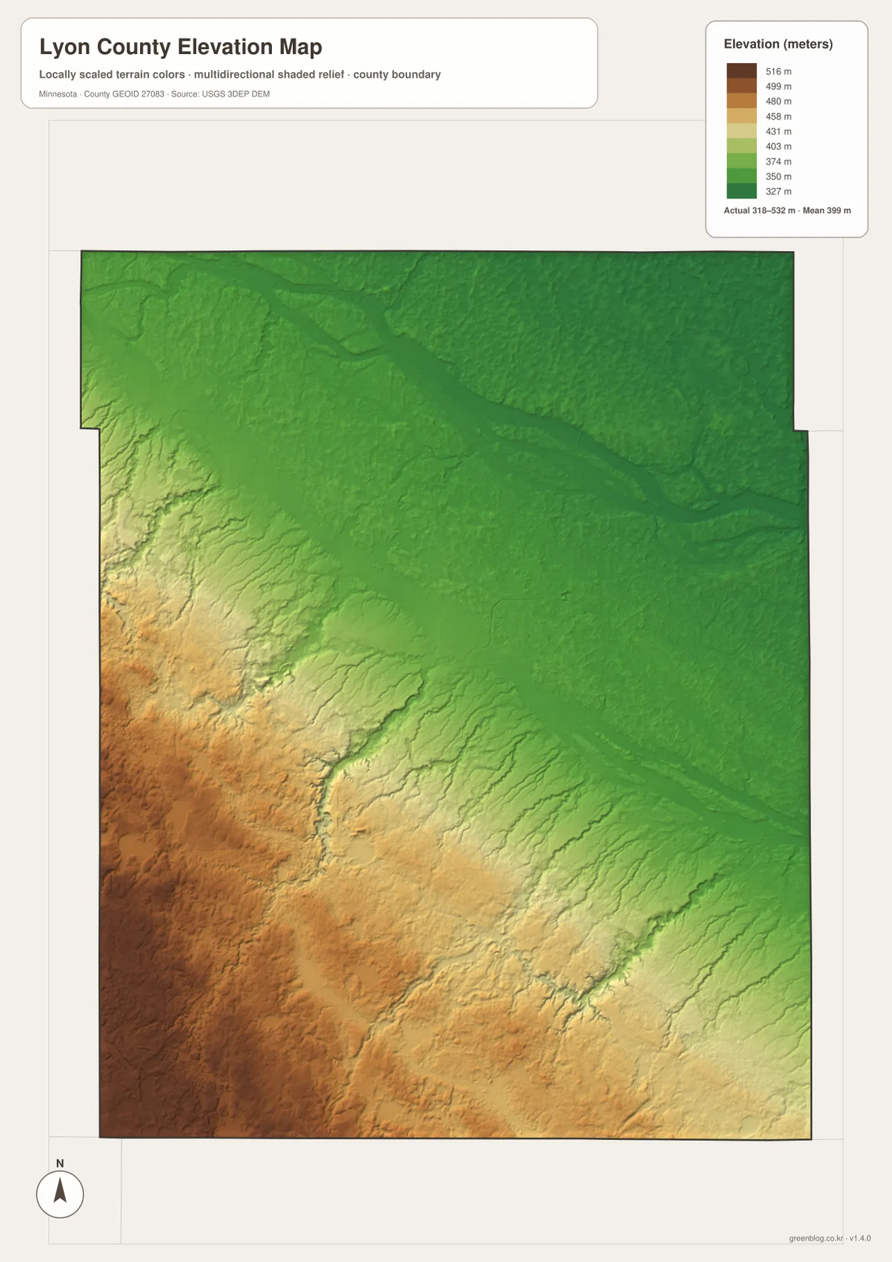 Lyon County Minnesota elevation map showing higher terrain in the southwest and lower ground toward the north and northeast