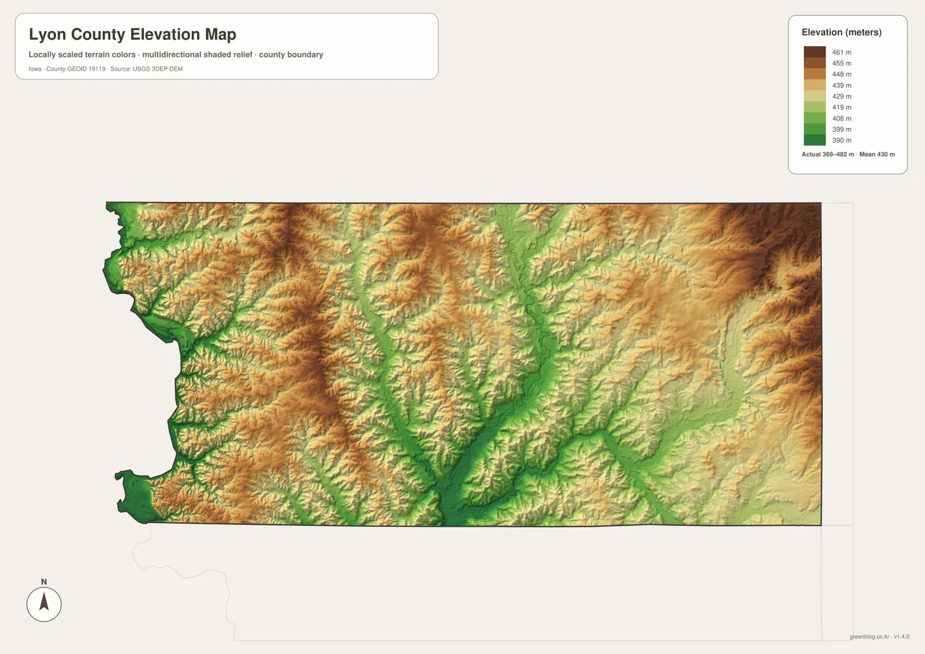 Lyon County Iowa elevation map 369 482 meters Rock River Little Rock River western uplands