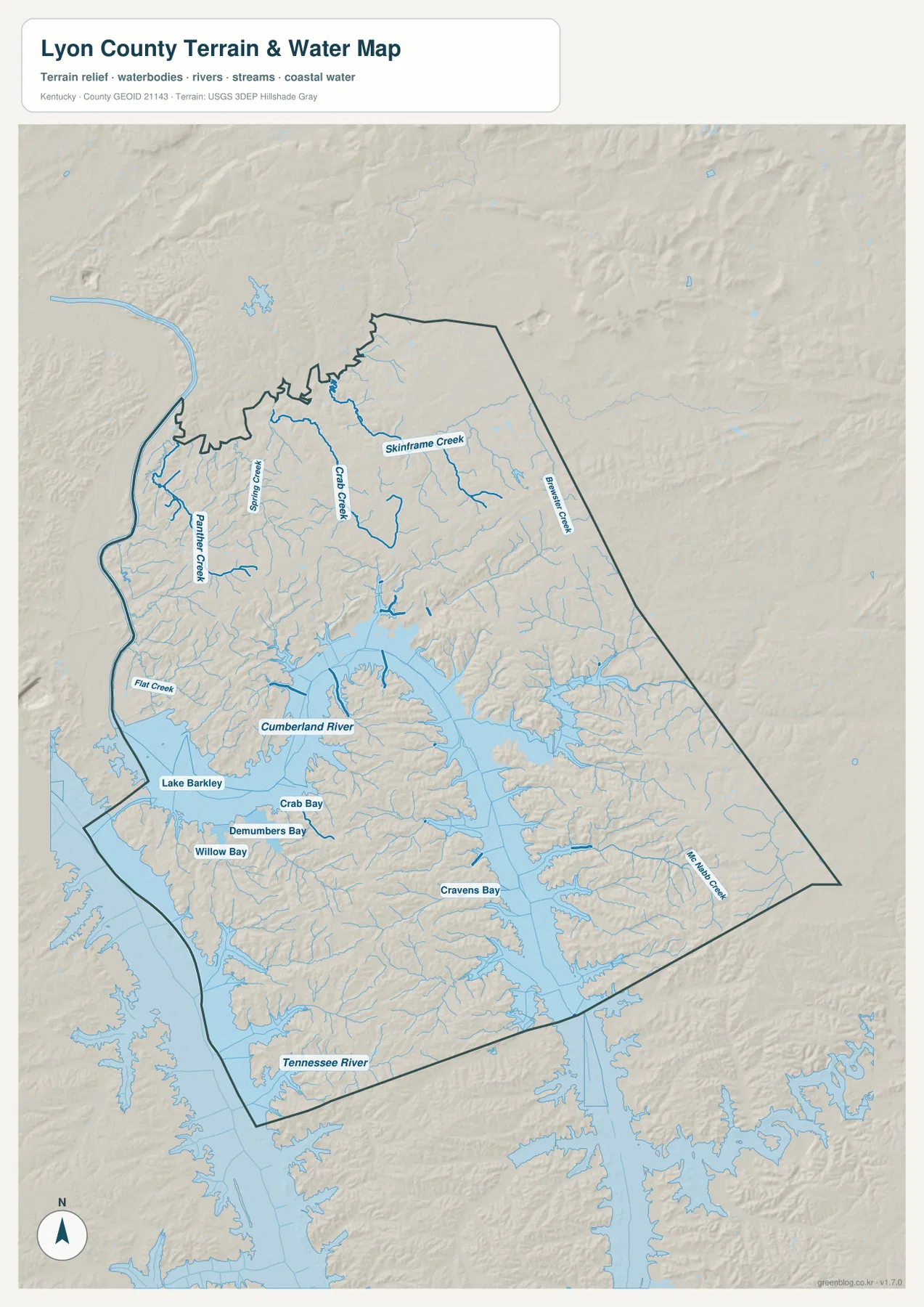 Lyon County terrain and water map showing the Cumberland River, Lake Barkley, Tennessee River, Crab Bay, Demumbers Bay, Willow Bay, Cravens Bay, and named creeks