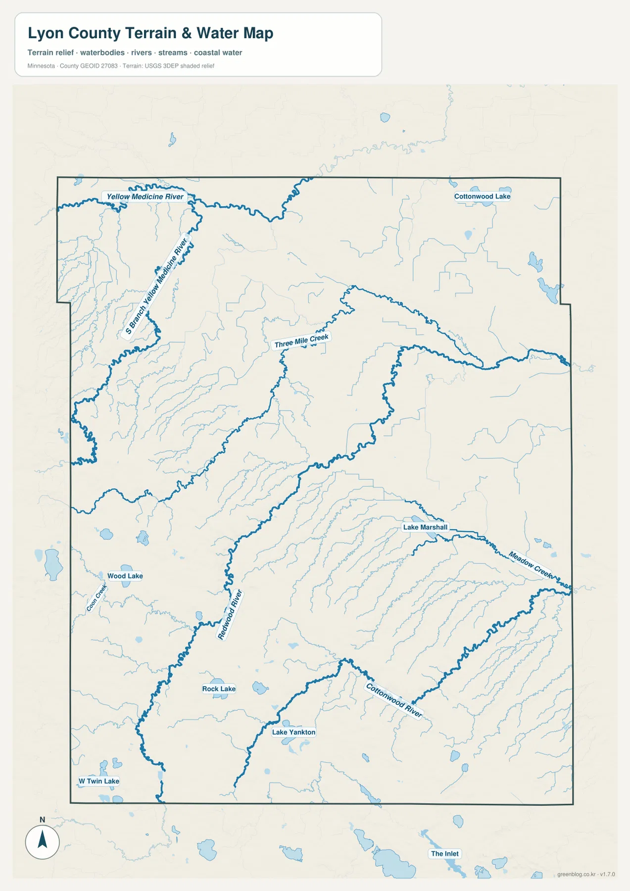 Lyon County Minnesota terrain and water map showing the Yellow Medicine, Redwood, and Cottonwood rivers with creeks and lakes