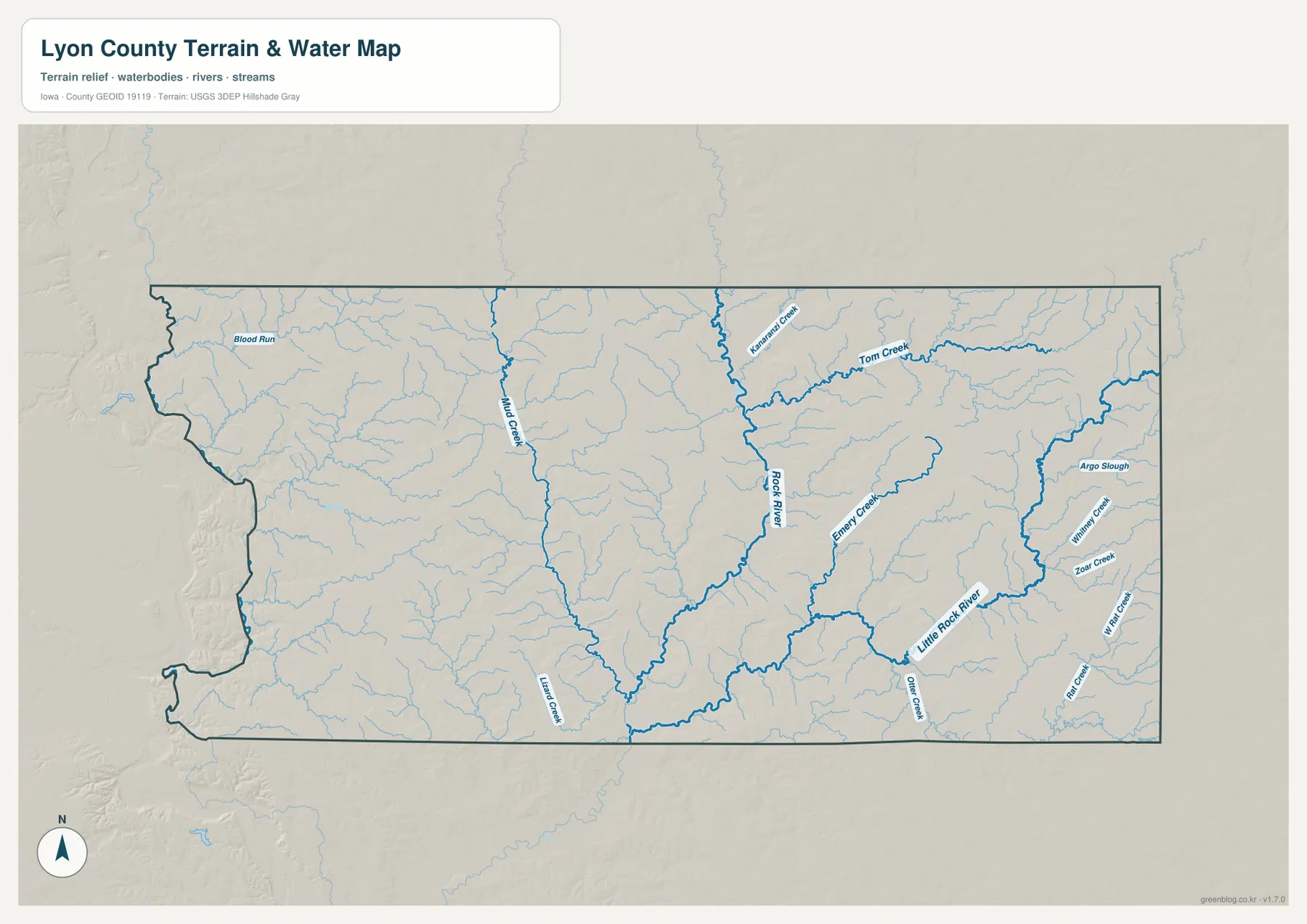 Lyon County Iowa water map Rock River Little Rock River Mud Creek Tom Creek
