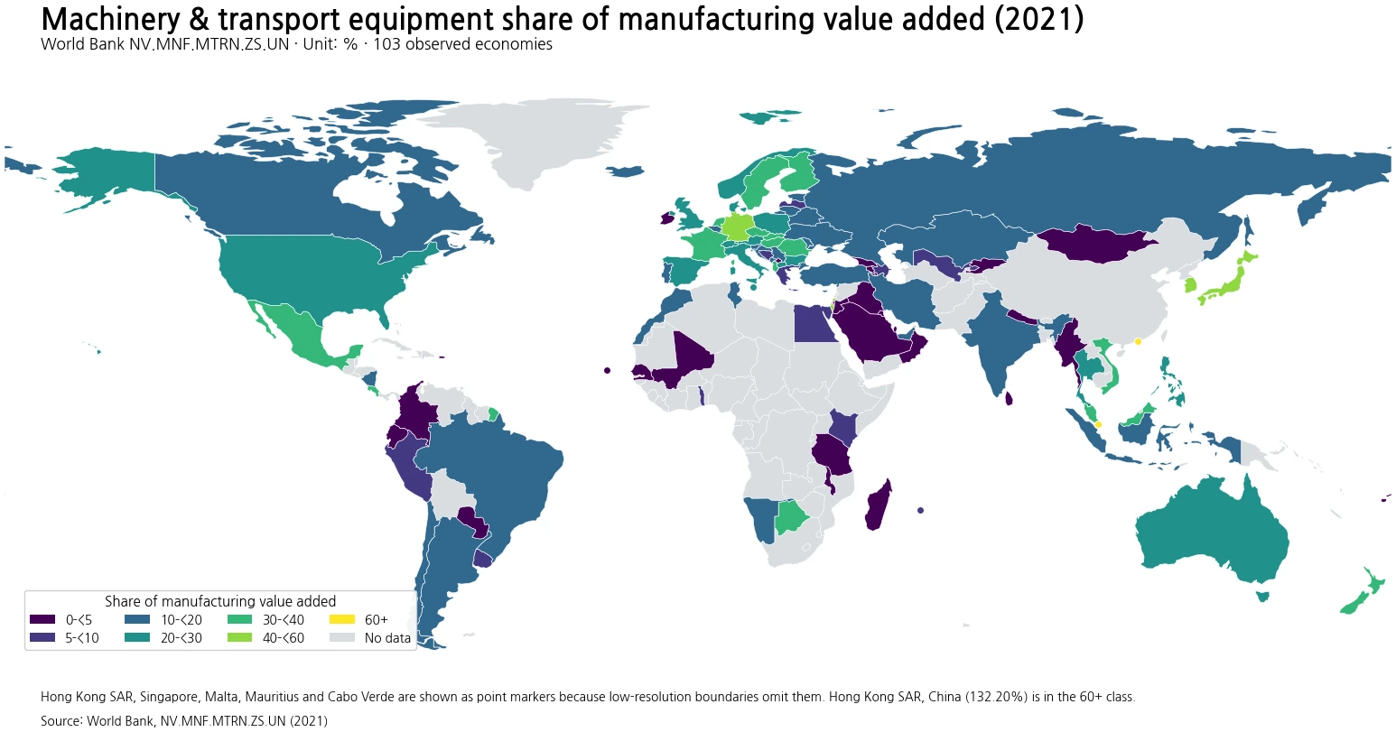 World map comparing machinery and transport equipment as a share of manufacturing value added in 2021