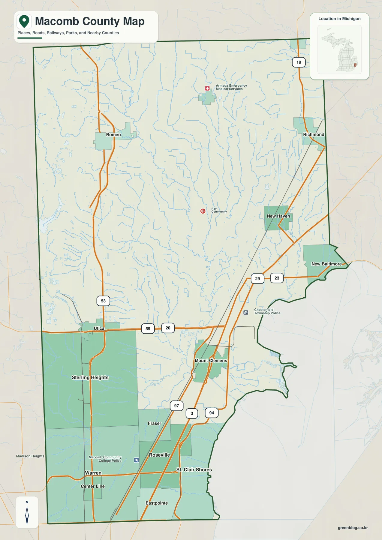 매콤 카운티 지도 – Warren, Sterling Heights, Mount Clemens, I-94, M-53, M-59와 Lake St. Clair 해안