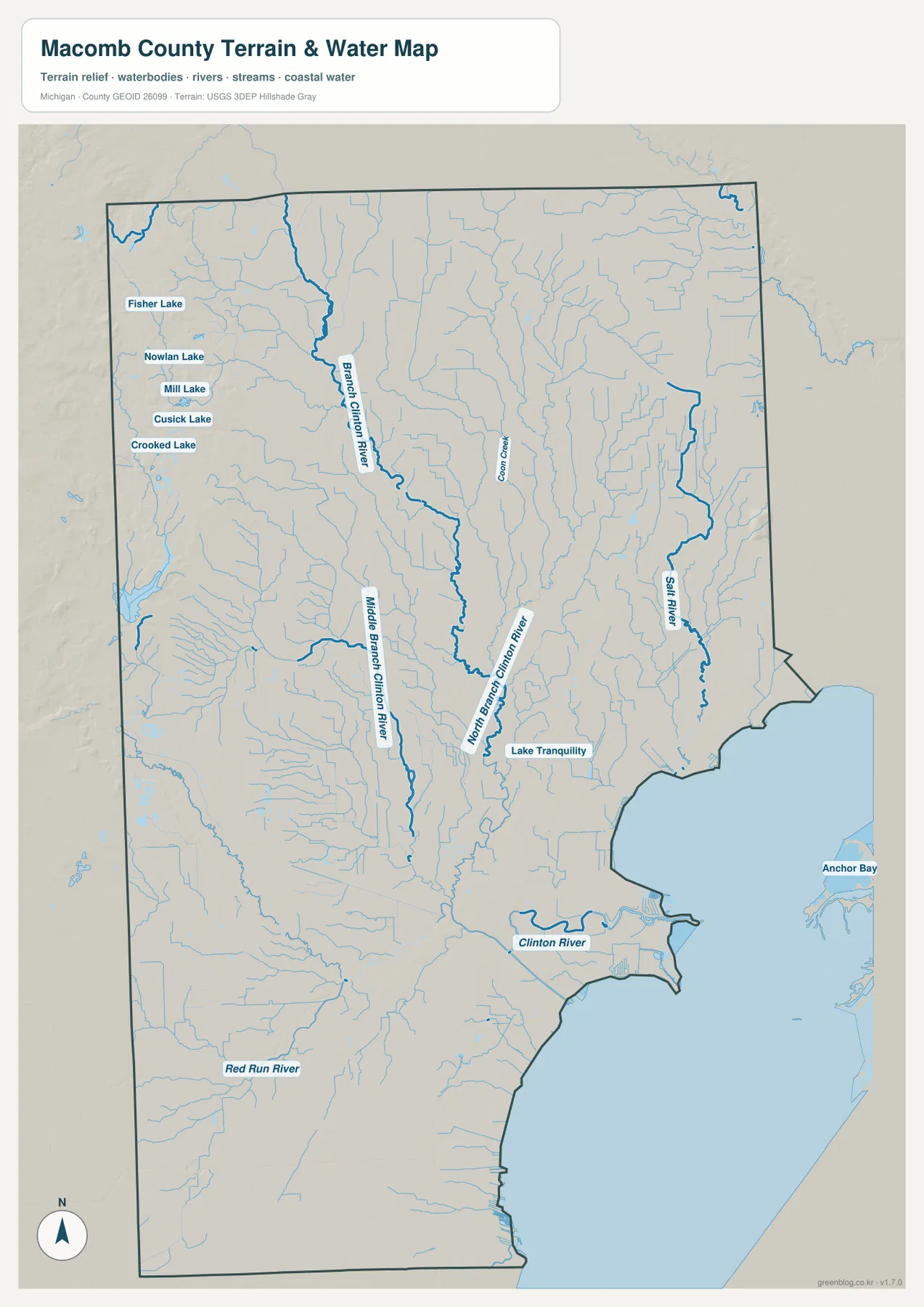 매콤 카운티 수역 지도 – Clinton River, North·Middle·Branch Clinton River, Salt River, Red Run River, Anchor Bay