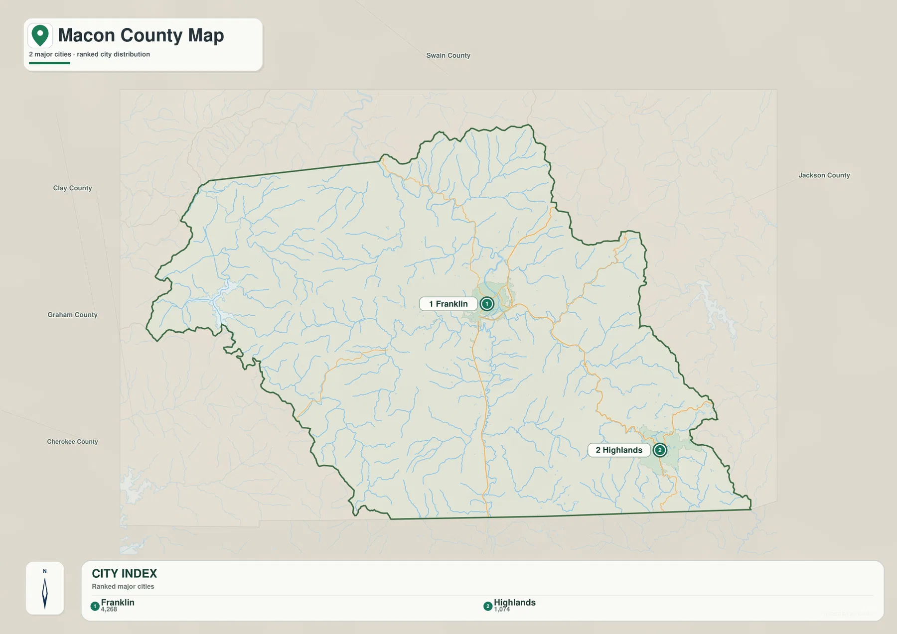 Macon County city map showing Franklin and Highlands in North Carolina