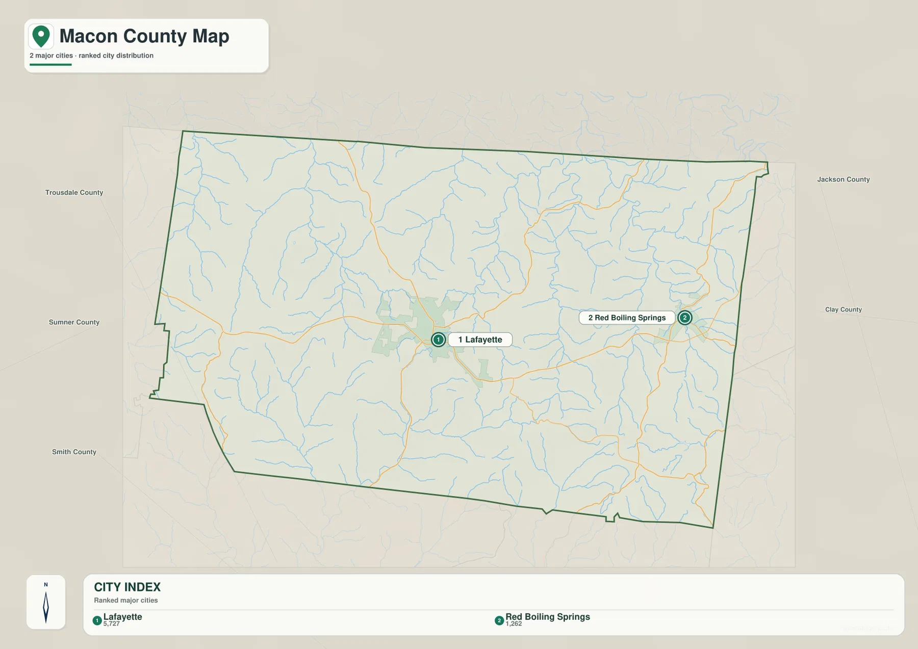 Macon County city map locating Lafayette and Red Boiling Springs within the county