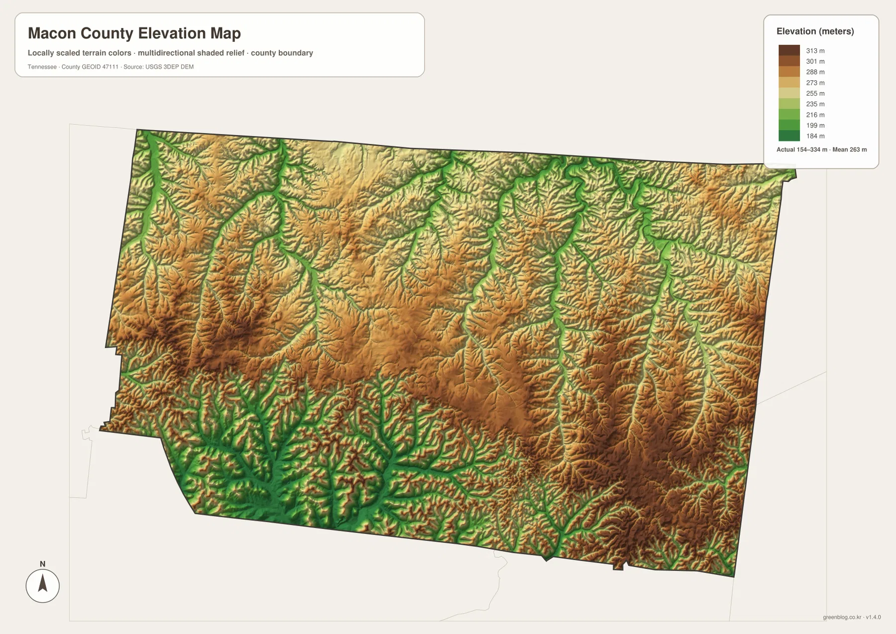 Macon County elevation map showing terrain from about 154 to 334 meters with creek valleys between higher ridges