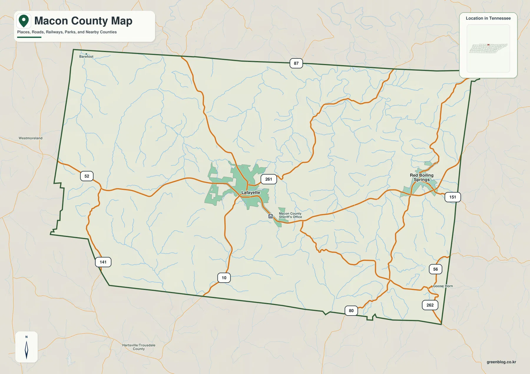 Macon County Tennessee map showing Lafayette, Red Boiling Springs, SR 52, state routes, streams, and the Kentucky boundary