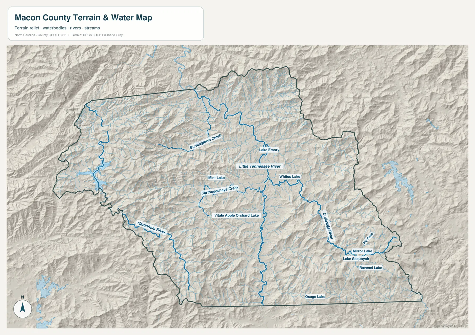Macon County terrain and water map with Little Tennessee Cullasaja and Nantahala rivers
