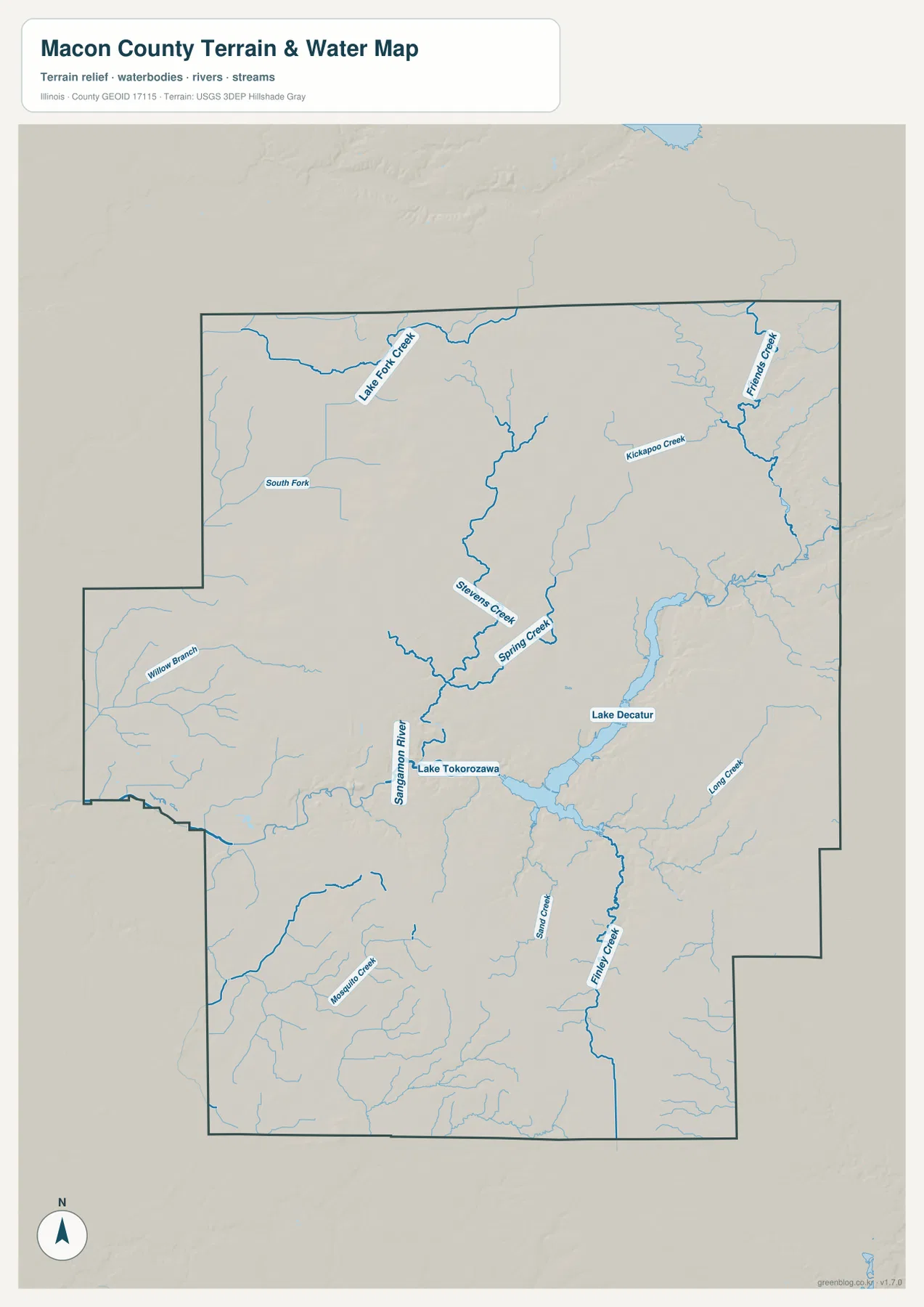 Lake Decatur, Sangamon River, Spring Creek, Kickapoo Creek, Finley Creek과 여러 지류를 보여 주는 Macon County 지형·수역 지도