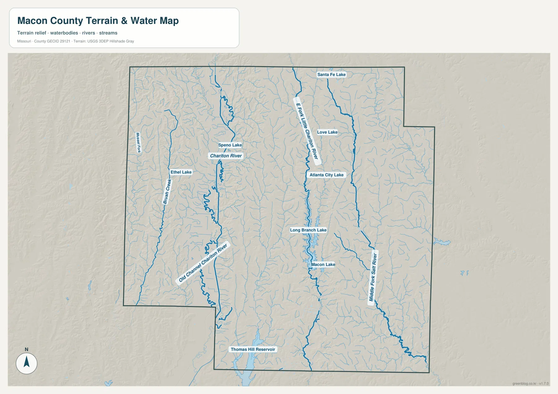Long Branch Lake, Chariton River, East Fork Little Chariton River와 호수를 표시한 메이컨 카운티 수역 지도