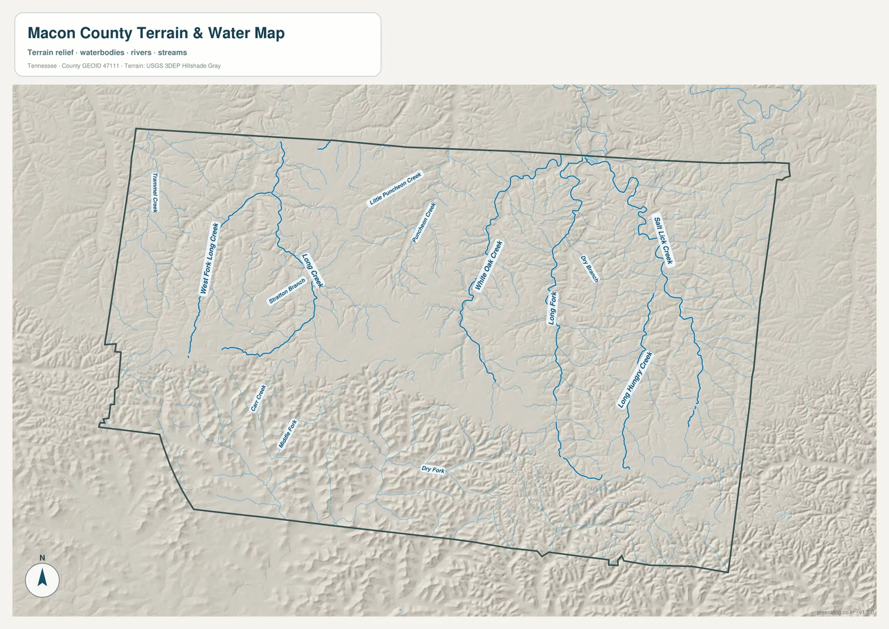 Macon County terrain and water map with Long Creek, White Oak Creek, Long Fork, Salt Lick Creek, and other tributaries