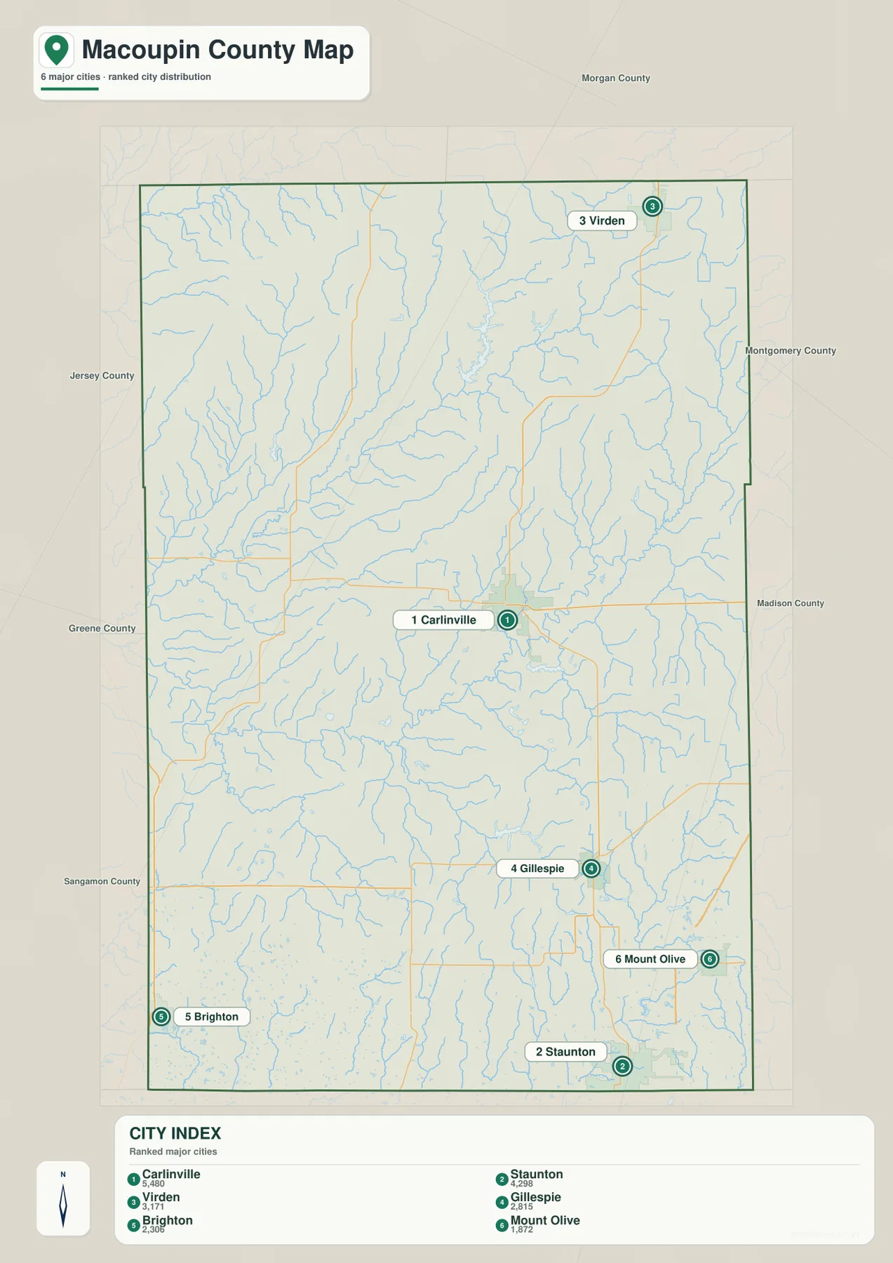 Carlinville, Staunton, Virden, Gillespie, Brighton, Mount Olive의 위치와 순위를 보여 주는 Macoupin County 도시 지도