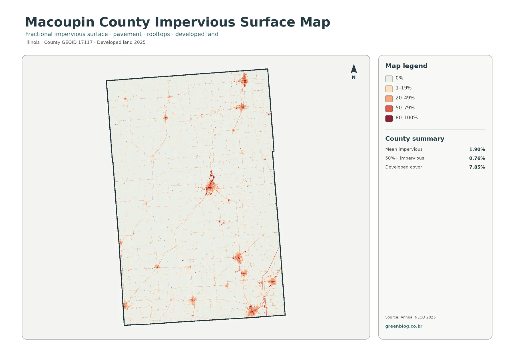 Macoupin County impervious surface and developed land map