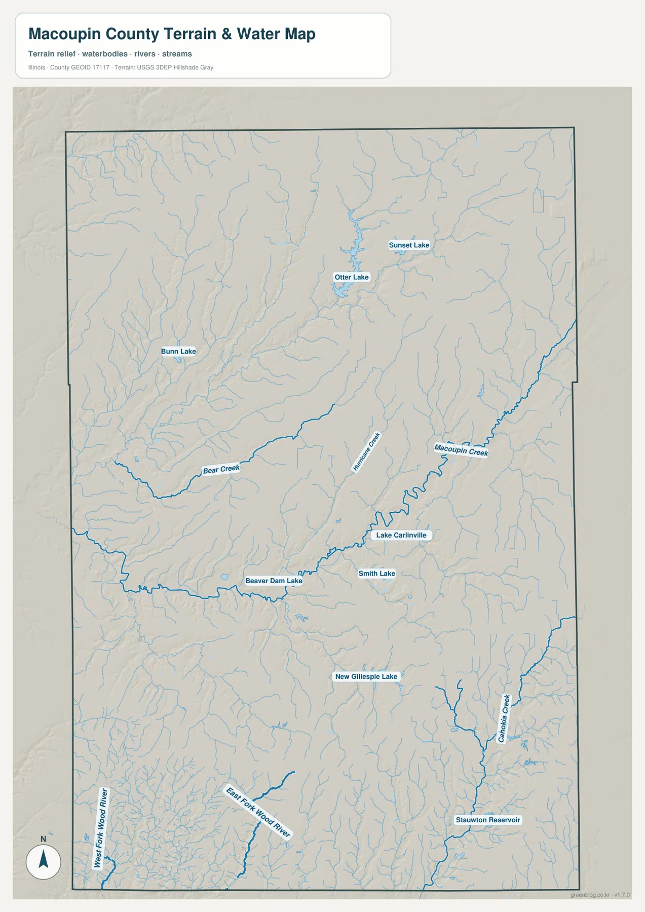 Macoupin Creek, Bear Creek, Hurricane Creek, Lake Carlinville, Otter Lake와 Staunton Reservoir를 보여 주는 Macoupin County 수역 지도