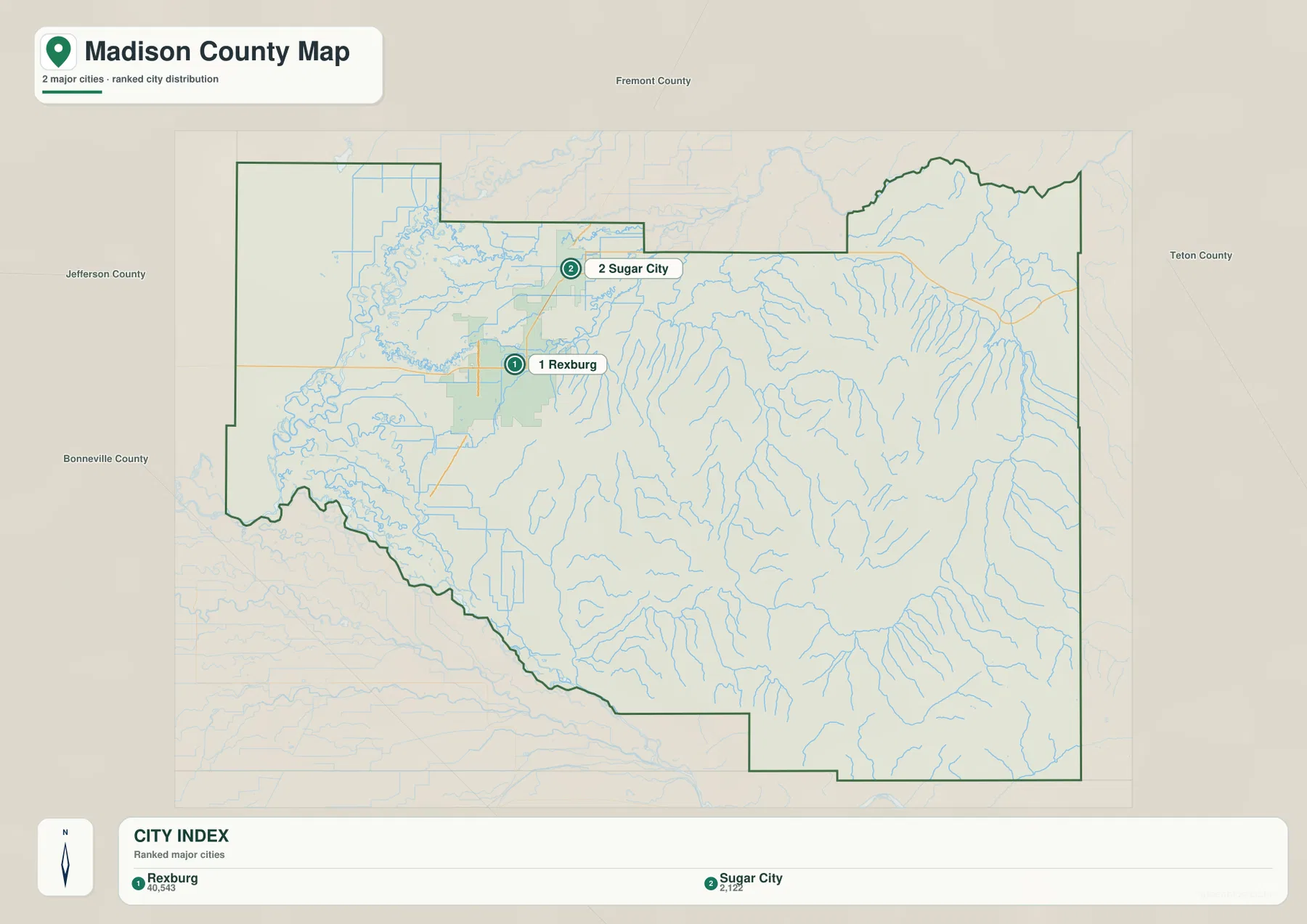 Madison County city map highlighting Rexburg and Sugar City in western Idaho county terrain